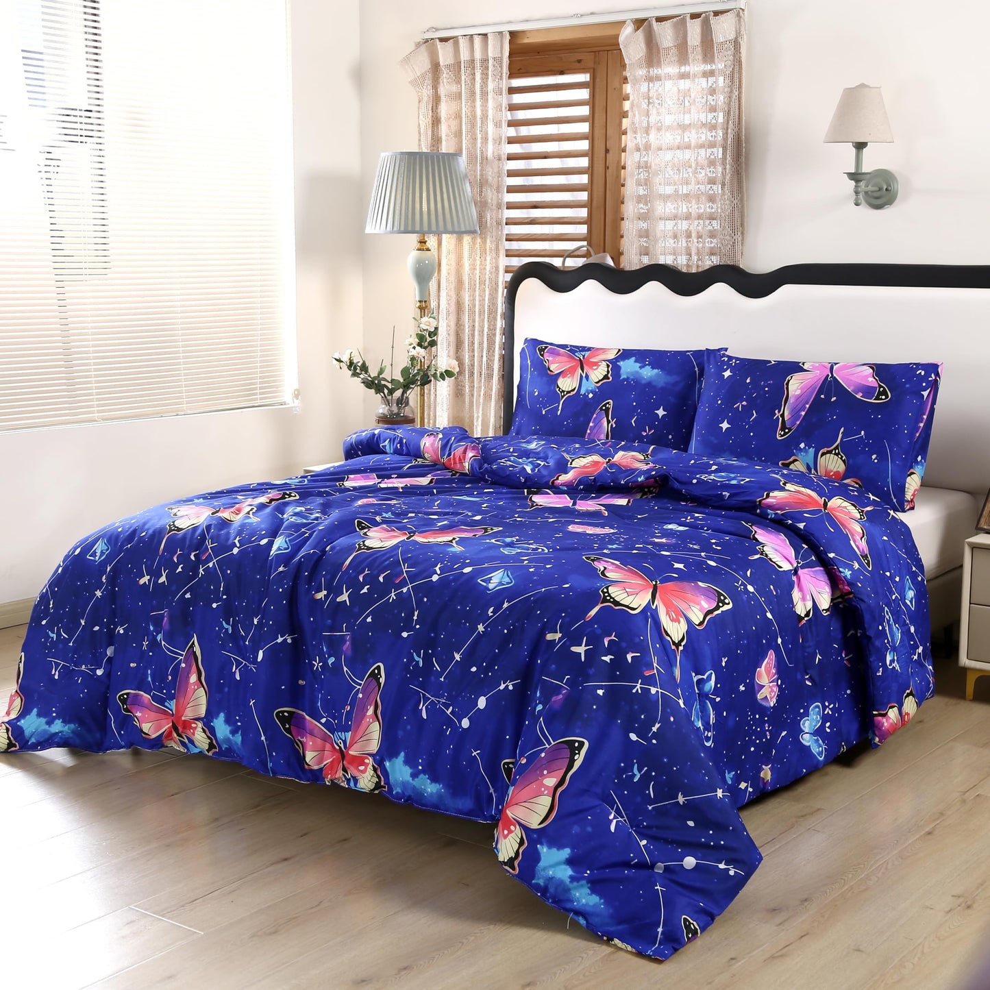 MAG 3Pcs Butterfly Twin Comforter Set,Microfiber Butterfly Twin Bedding Sets,Blue Cute Cartoon Style Pattern,All Season with 1 Comforter + 2 Pillowcases for Kids Boys and Girls,Breathable and Wrinkle.