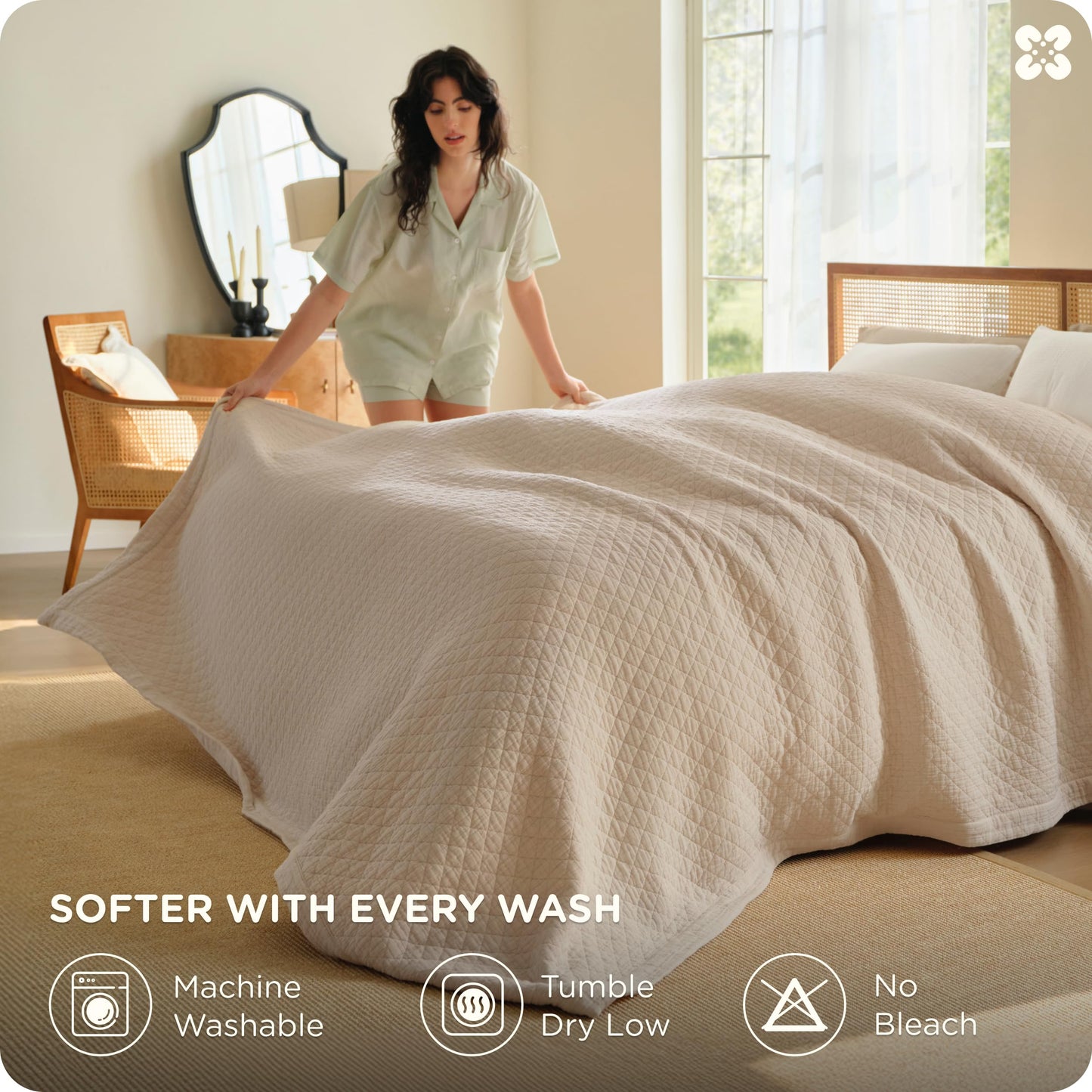 Bedsure 100% Cotton Muslin Blanket 8-Layer Queen, Breathable & Substantial Oeko TEX Gauze Bedding, PureWoven All-Season Moisture-Wicking Comfort, Softens After Wash, Linen Beige, 90"x90"