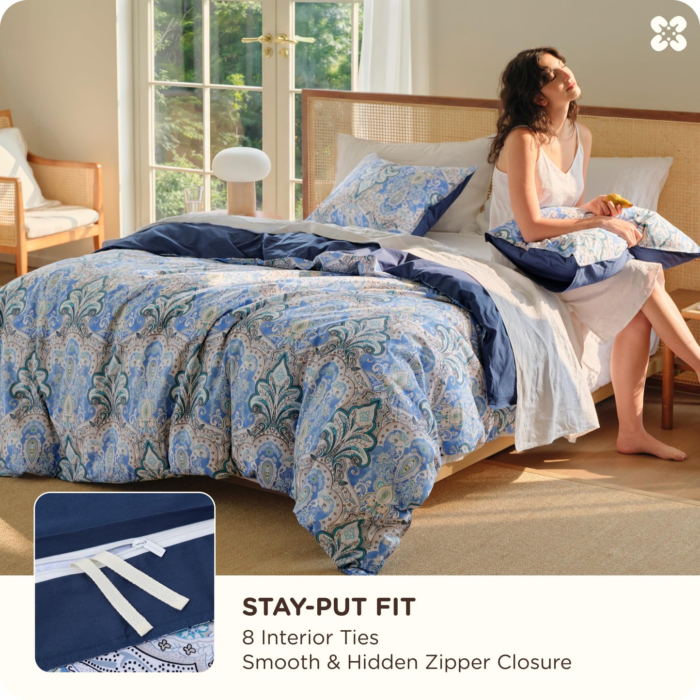 Bedsure Duvet Cover Queen Size - 100% Cotton Reversible Classic Paisley Damask Pattern Duvet Cover Set, 3 Pieces Soft & Breathable PureWoven Bedding Set with 2 Pillow Shams (Blue Paisley 90"x90")