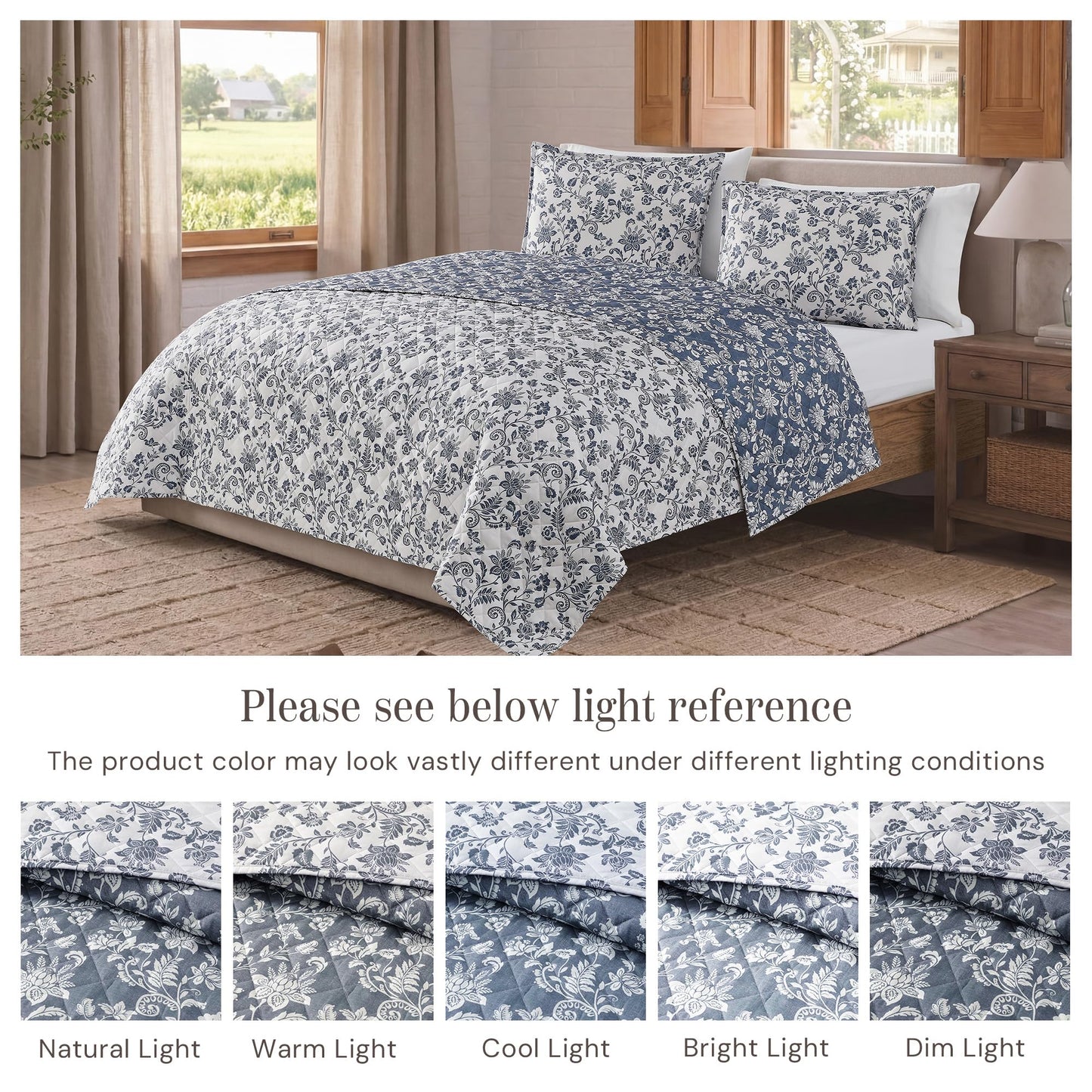 BLOOMHAVEN Quilt Set Queen Size, Oxford Blue Floral Quilt Sets, Reversible Bedspread Lightweight and Breathable for All Seasons, Soft Quilted Bedspread with 2 Pillow Shams