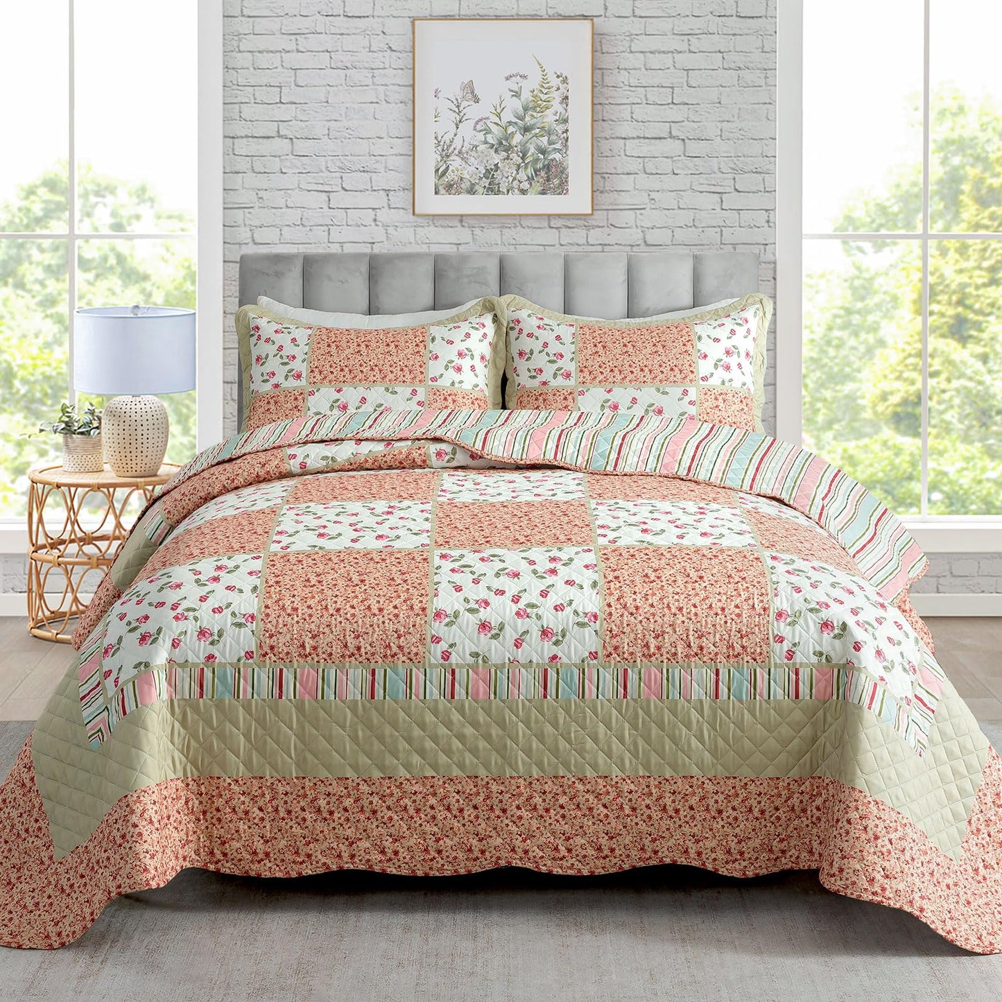 Travan 3-Piece Quilt Set Quilted Bedspread Lightweight Coverlet Set Patchwork Floral Oversized Reversible Soft Quilted Bedding Coverlet Set for All Seasons, King Size