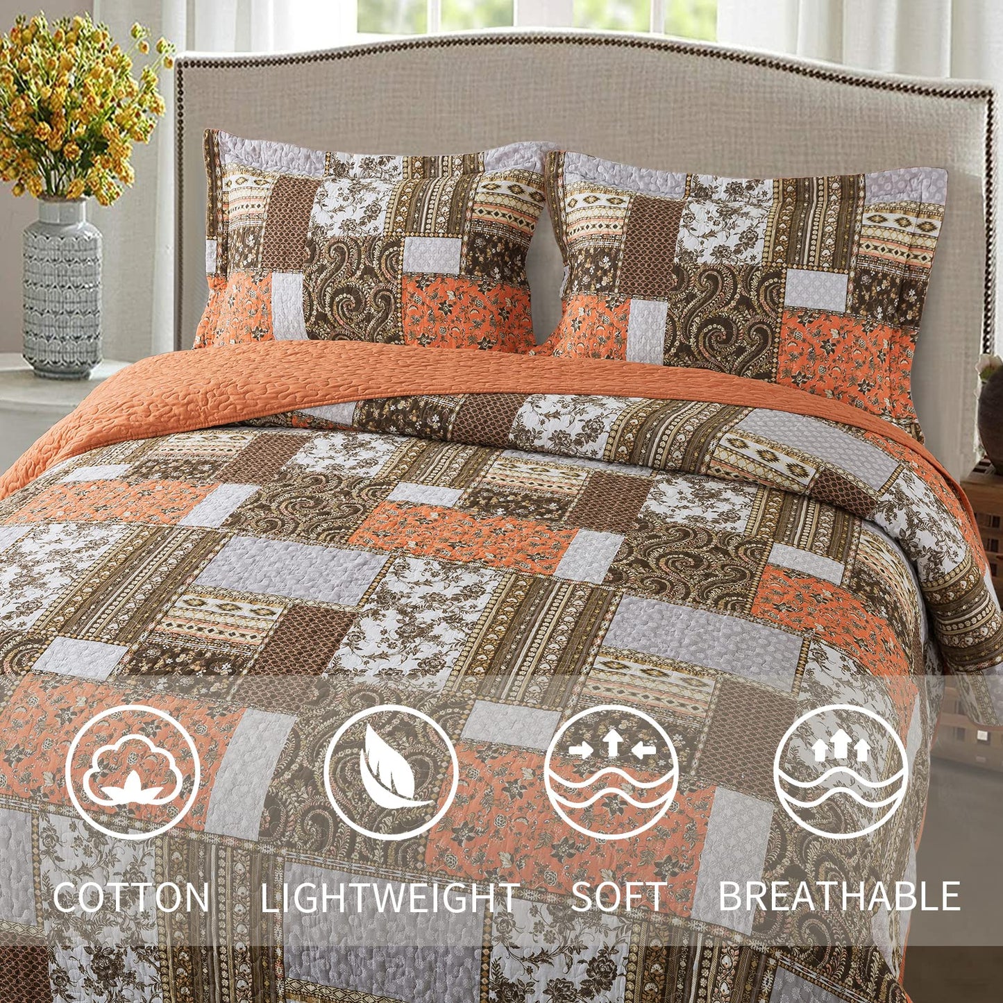 VAPUTAR Quilts Queen Size - Fall Cotton Quilt Set Quilted Bedspread Coverlet Lightweighet Bedding Set with Shams for All Season, 3 Piece Boho Patchwork Quitled Bedspread Queen Size (Dream Orange)