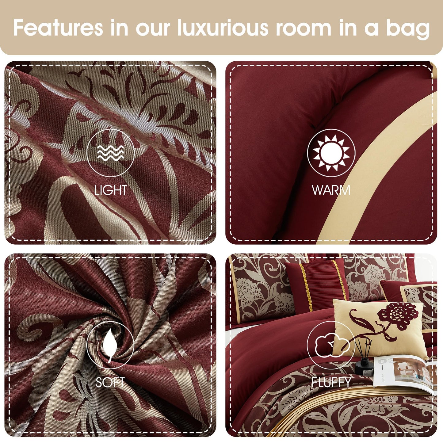 Stratford Park Red and Gold Comforter Set Queen Size, 9 Piece Jacquard Floral Bedding Set, All Season, Ultra-Soft, Matching Pillows & Shams, Bed Skirt, Curtains