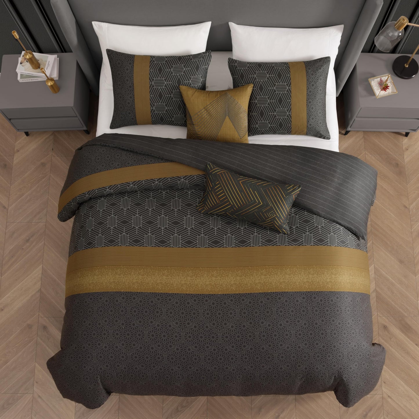 Bebejan Golden Hex 5 Piece Comforter Set, 100% Cotton Sateen, 220 Thread Count, Grey Reversible Bedding Comforter Set, 1 Comforter, 2 Shams & 2 Pillows (King/Cal King)