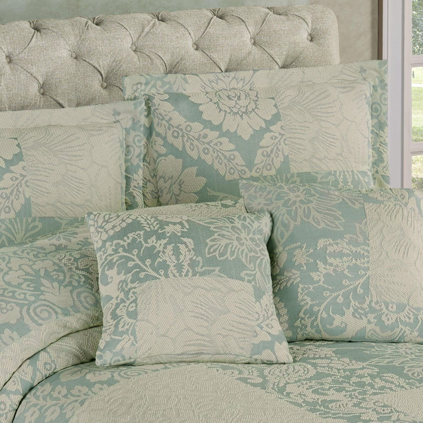 Maisonette Lightweight Bedding | Ivory & Spa Aqua Blue | Jacquard-Woven Cotton/Polyester Florals & Paisley Blocks | 5 Piece Bed Set: California King Bedspread, 2 King Shams, & 2 Square Accent Pillows