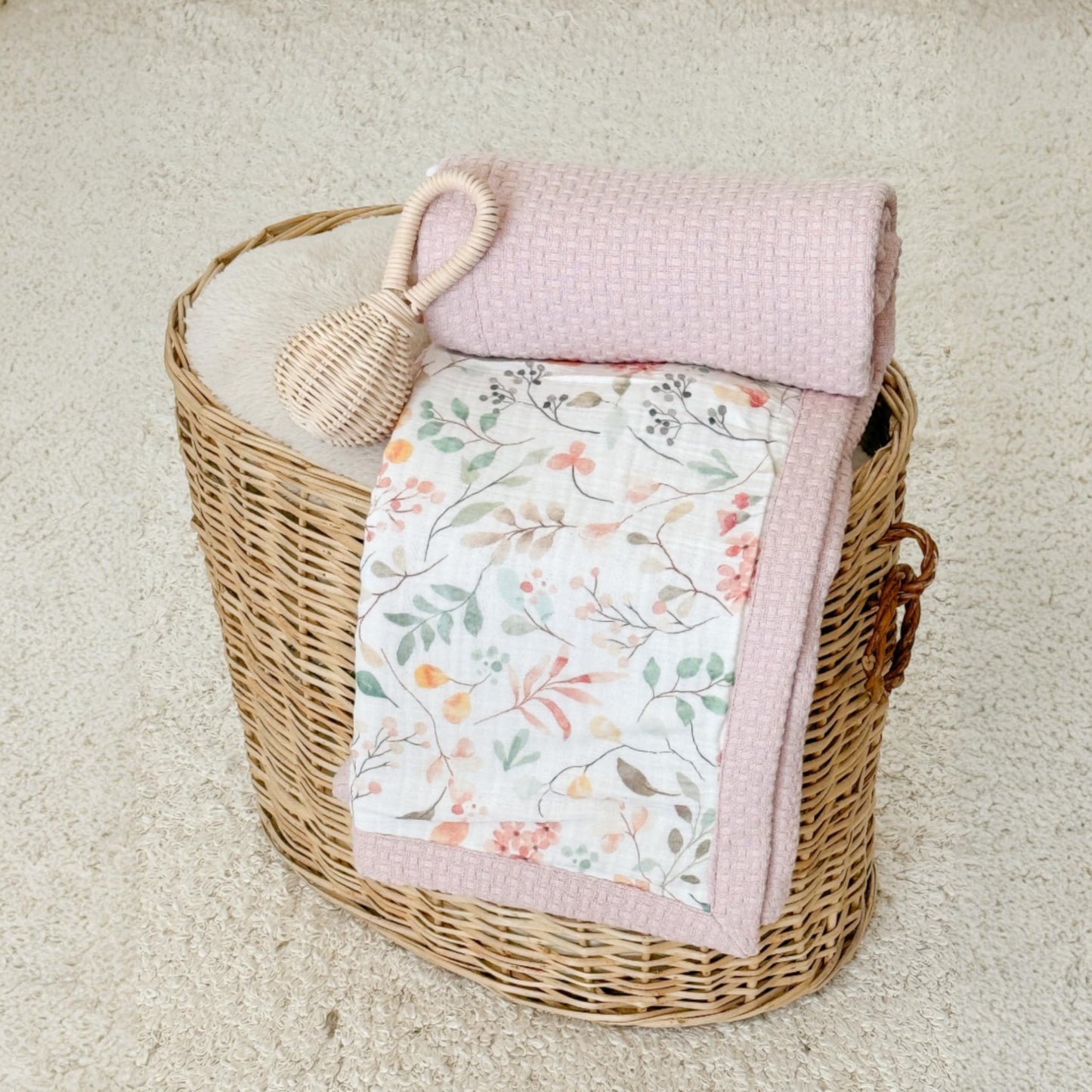 Mouliss Personalized Baby Blanket with Name – Handmade 100% Organic Cotton Newborn Gift | Custom Knit Blanket for Boys, Girls, Kids & Baby Showers (Petal Pink/Petal Whispers)
