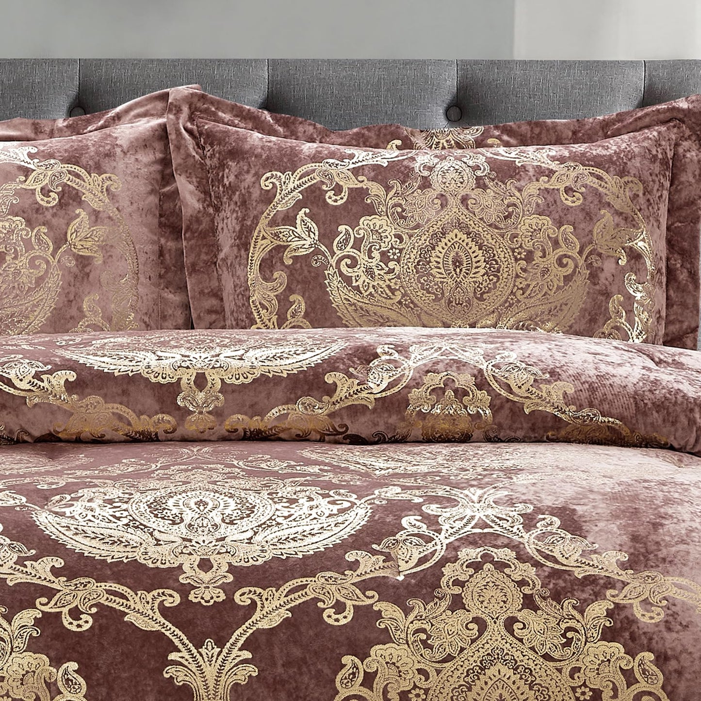 Sunshine Nicole Metallic Print Comforter Set, Distressed Velvet Face with Metallic Foil Print and Brushed Solid Microfiber Reverse, with Light Weight Soft Poly Fill, 3 Pieces Dusty Mauve Gold, Queen