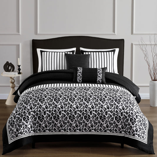 Bebejan Jaguar 5 Piece Reversible Comforter Set, 100% Cotton Sateen, 220 Thread Count, Black Bedding Comforter Set, 1 Comforter, 2 Shams & 2 Pillows (King/Cal King)