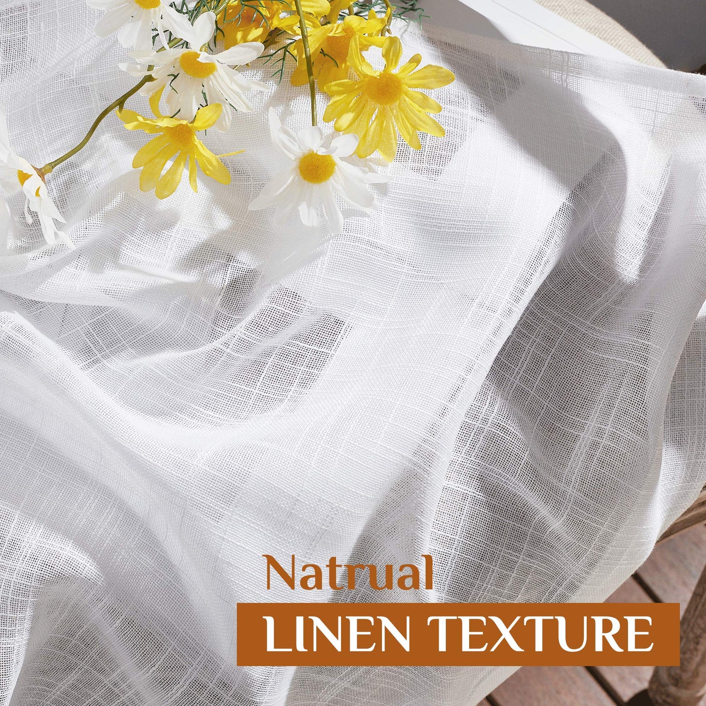 NICETOWN White Linen Sheer Curtains and Drapes 84 inches Long, Rod Pocket & Back Tab semitransparent with Light Through Vertical Window Treatments for Sliding Glass Door & Living Room, 52"W, Set of 2