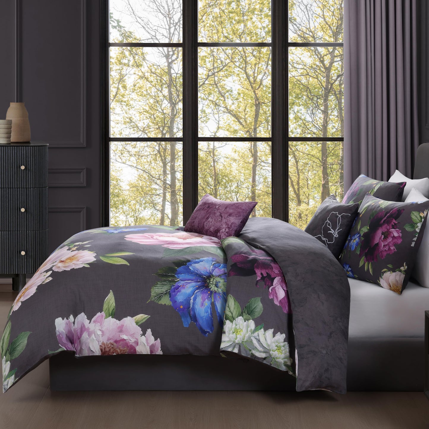 Bebejan Elegant Blossom 5 Piece Comforter Set, 100% Cotton Sateen, 200 Thread Count, Grey Reversible Bedding Comforter Set, 1 Comforter, 2 Shams & 2 Pillows (King/Cal King)