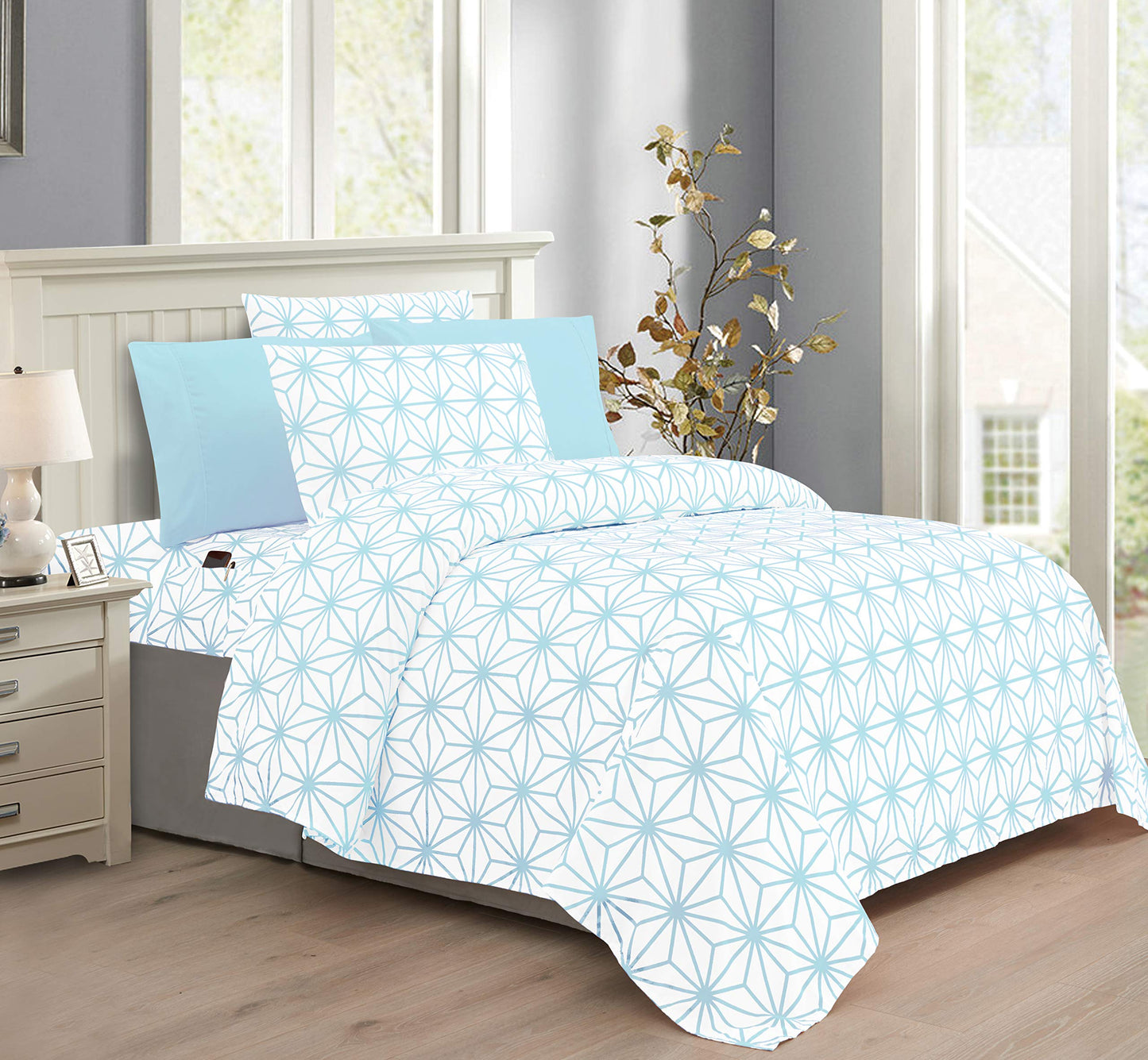 Elegant Comfort Luxury Soft Bed Sheets Cube Pattern - 1500 Premium Hotel Quality Microfiber Softness Wrinkle and Fade Resistant (6-Piece) Bedding Set, Queen, Aqua