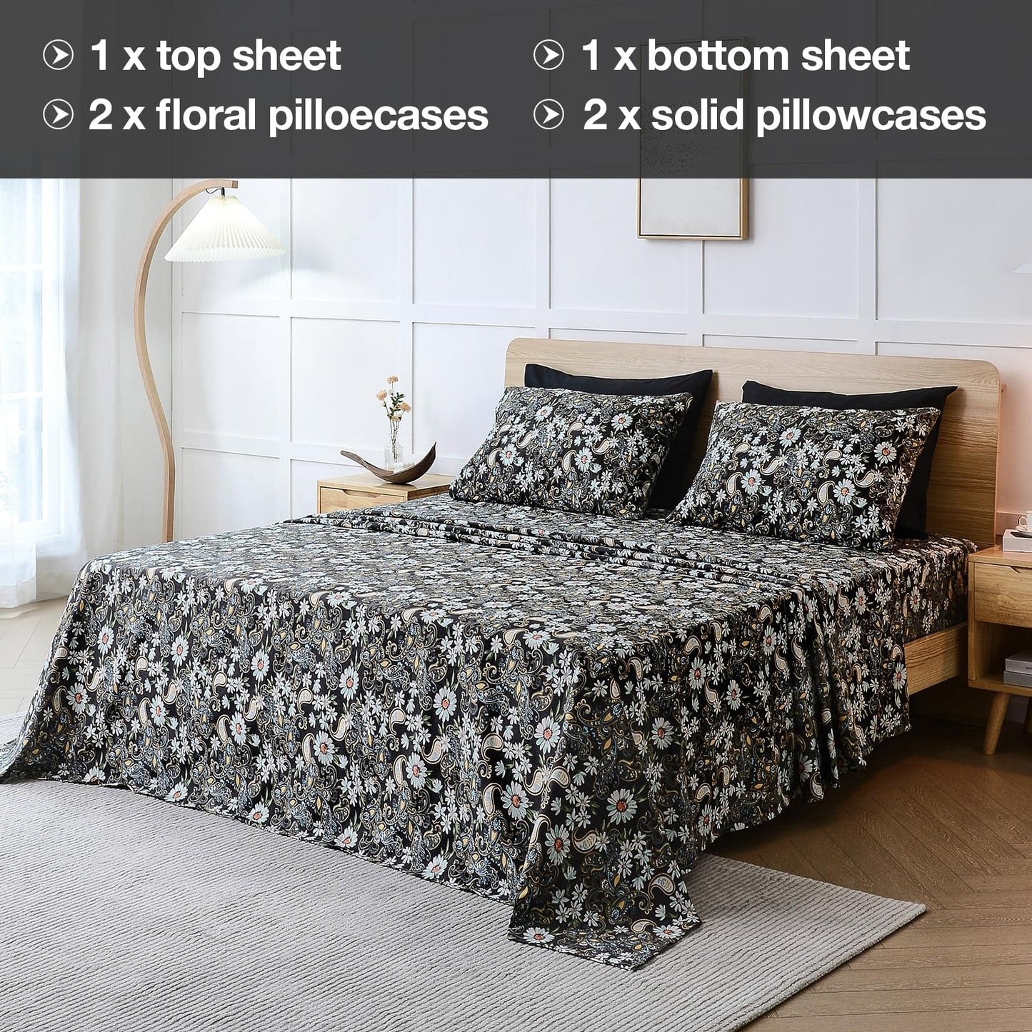 JSD Black Paisley Floral Sheet Set Queen Size 6 Piece, Printed Pattern Soft Microfiber Bed Sheets Extra Deep Pocket
