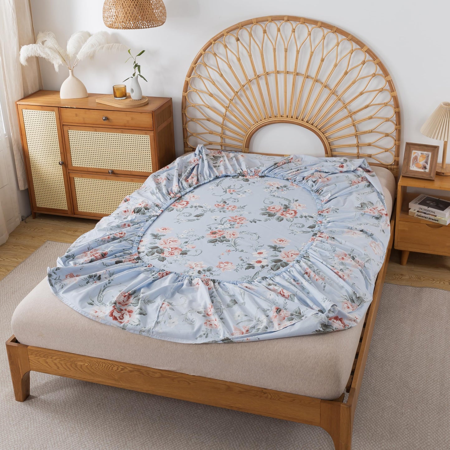 FADFAY Queen Sheets Set Percale Cotton Floral Bed Sheets Deep Pocket Fitted Sheet, Luxury Pink Roses and White Small Flowers Pattern Shabby Vintage Countryside Style Bedding,4Pcs