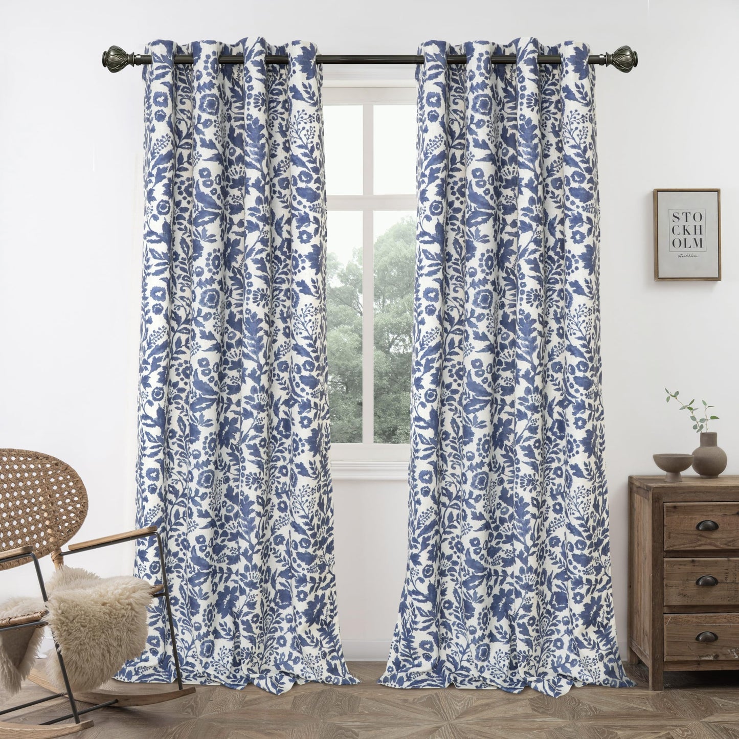 DriftAway Julia 100% Blackout Linen Curtains for Bedroom Navy Floral Watercolor Pattern Double Layer Thermal Insulated Sound Reducing Drapes for Living Room Grommet 2 Panels Each W52 x L84 Linen Navy
