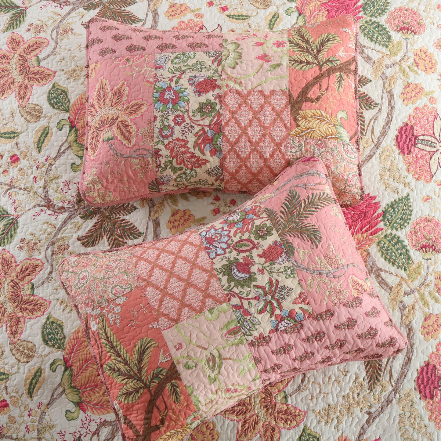 Etwel 100% Cotton Patchwork Queen Size Quilt Set - Lightweight Breathable Reversible Bedspread for Hot Sleepers, Farmhouse Bedding Set with 2 Pillow Shams for All Season (90"x90", Pink Floral)