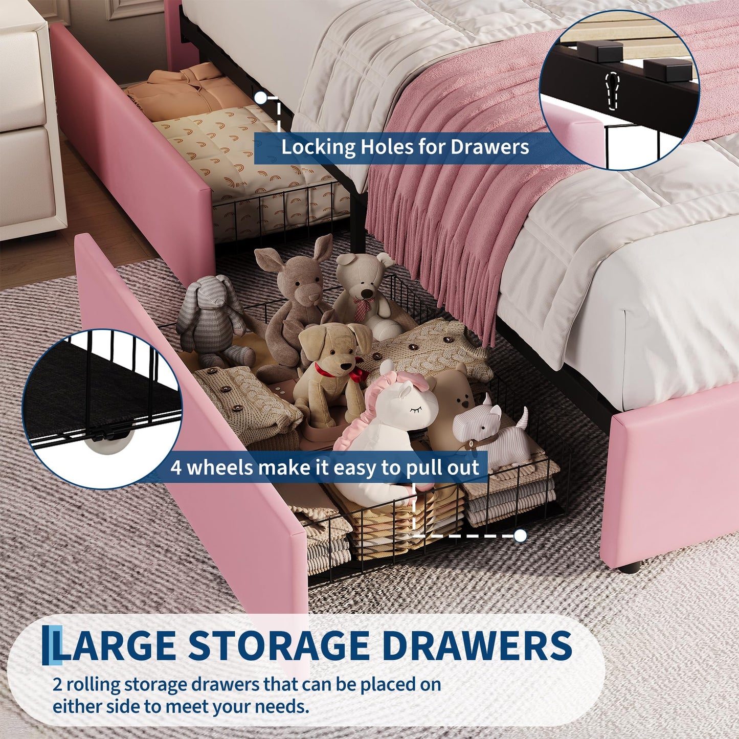 Garvee Full Size Bed Frame with 2 Flexible Drawers, Velvet Upholstered Platform Bed Frame with Bookcase Headboard and LED Lights, Kids Bed for Girls, Easy Assembly, Noise Free, Pink