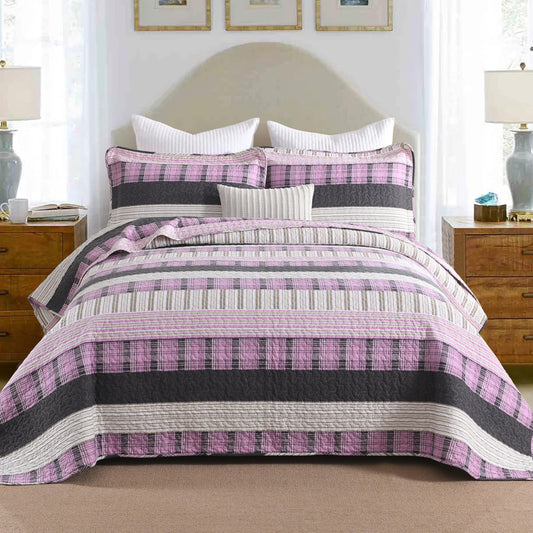 Homzard Queen Size Comforter Set，Cotton Plaid Striped Quilts Queen Size，Pink Black Bedding Bedspread Set，Lightweight Reversible Coverlet All Season 3 Pieces