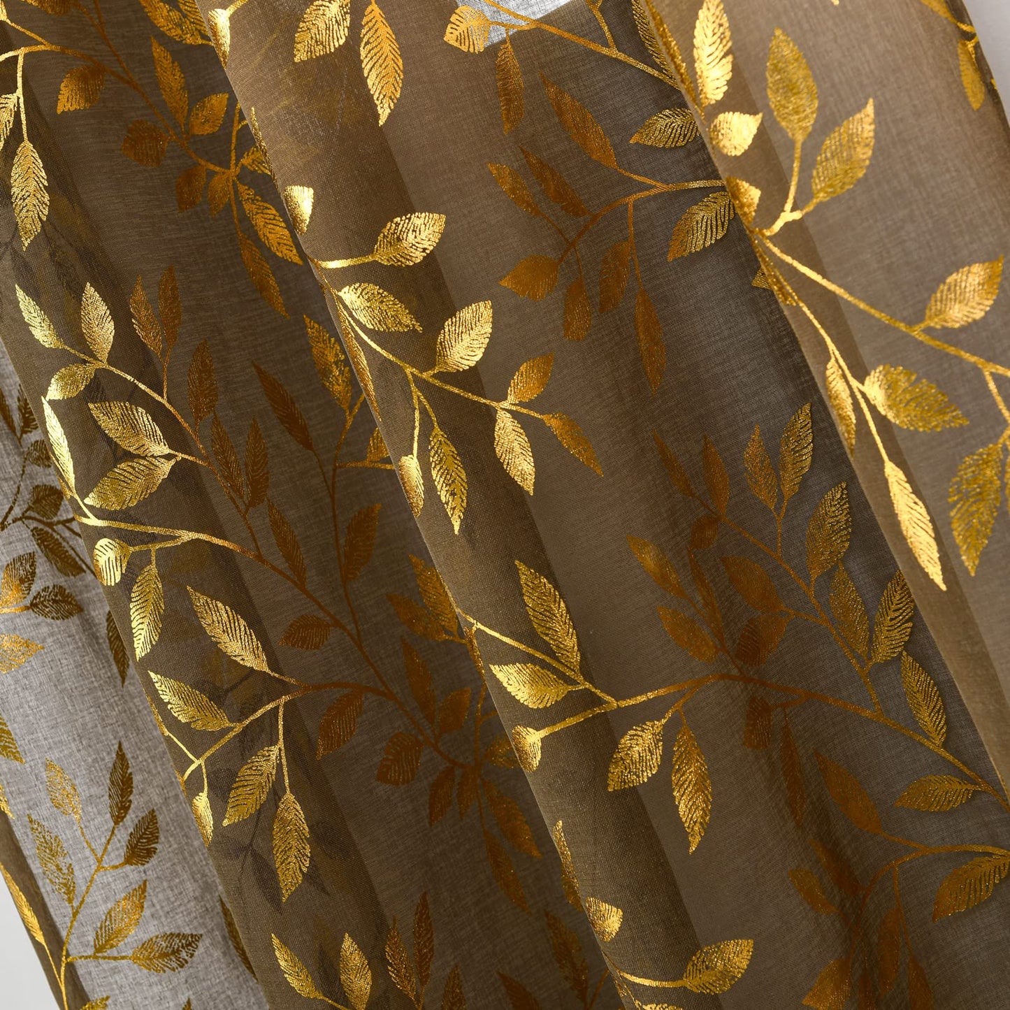 Sutuo Home Sheer Curtains 84 Inch Length 2 Panels Set, Luxury Gold Foil Printed Metallic Bronzing Leaves, Privacy Window Treatment Decor Drape Pair for Bedroom Dining Room, 52" W x 84" L, Taupe