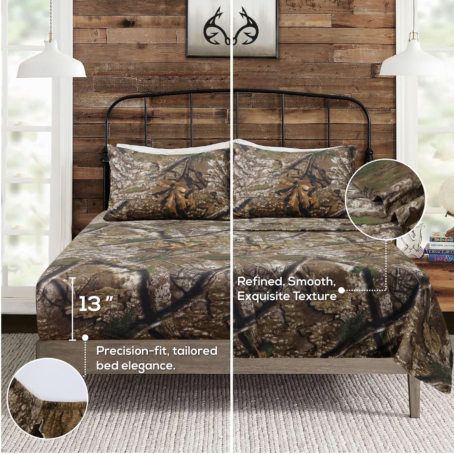 VISI-ONE Realtree APX King Camo 4 Piece Sheet Set – Lightweight, Cooling, Wrinkle-Free Microfiber 13" Deep Pockets Sheets, Unisex Rustic Western Farmhouse Style Made to Complement All Living Spaces