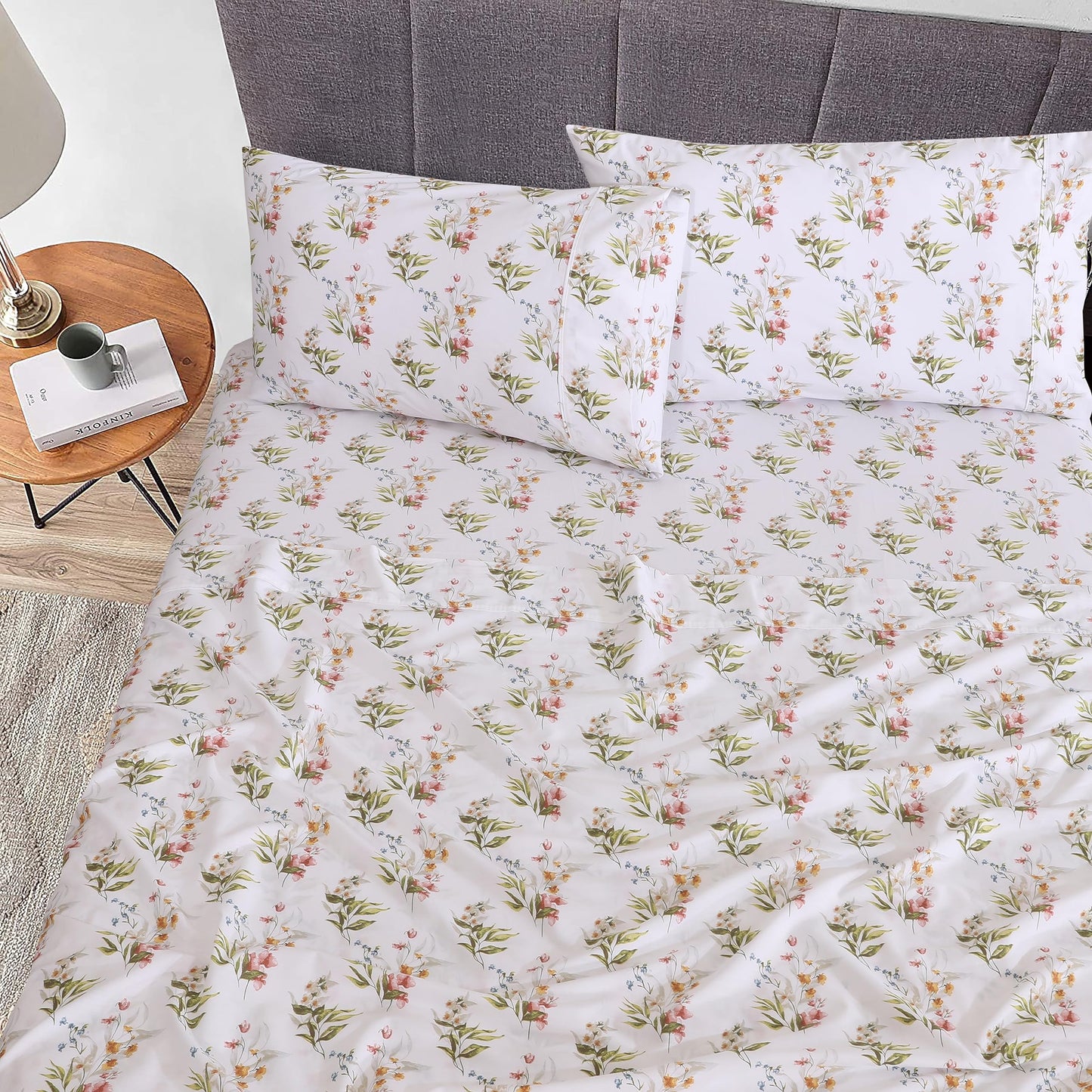 RUVANTI 100% Cotton Percale Sheets Full Size, Floral Bliss