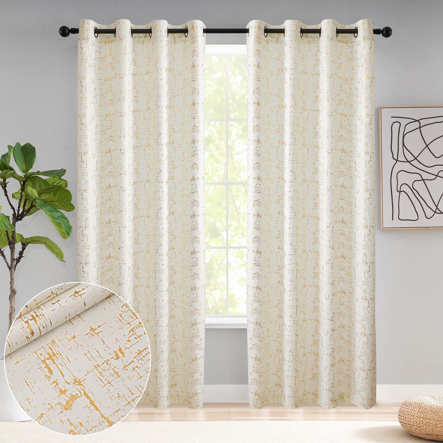 Taisier Home Gold Foil Print Linen Textured Curtains Geometric Dots Pattern Design Curtains for Nursery Toy Room Thermal Insulated Window Treatment 2 Panels 63" L,Off White and Gold Drapes Print