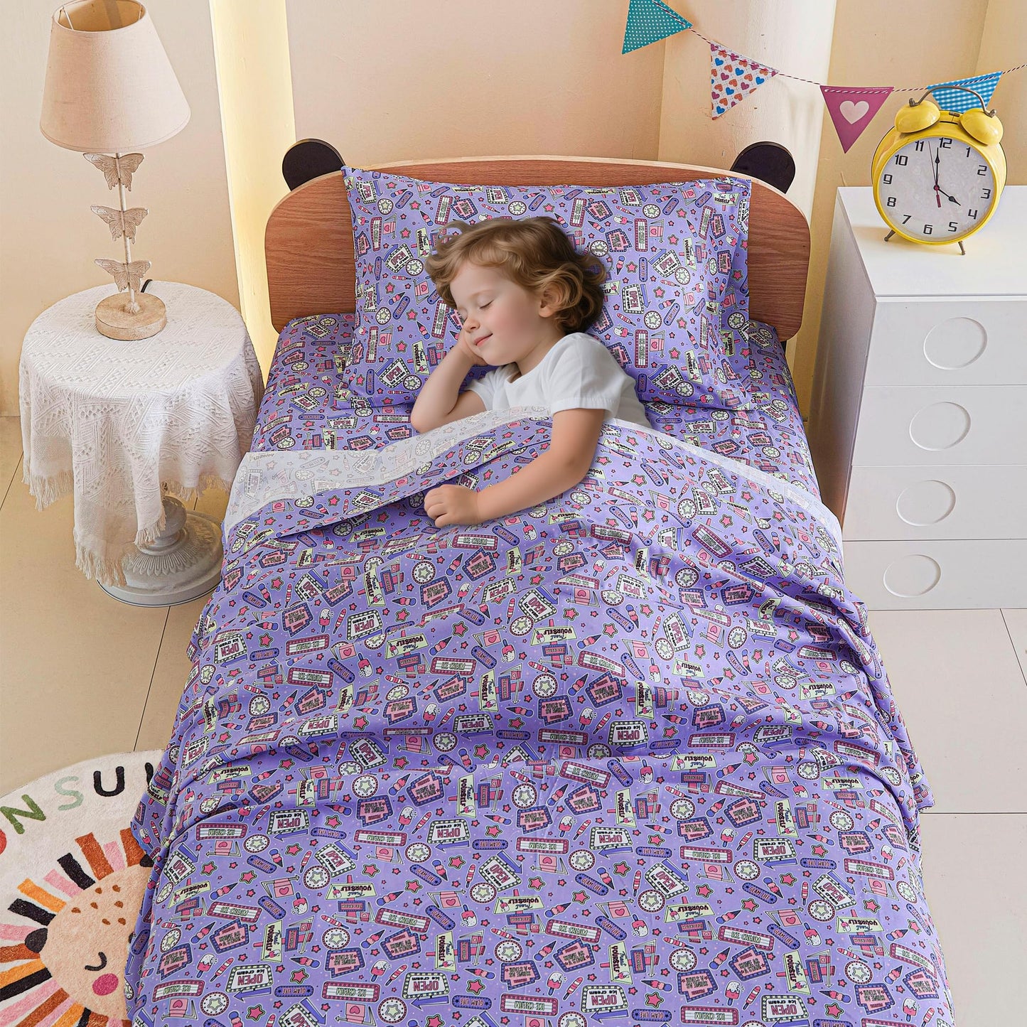 Softan Kids Bed Sheet Set, 3-Piece Twin Sheets Set, Microfiber Fitted Sheet with 15 Inches Deep Pocket and Corner Straps, Breathable & Silky Soft Cool Girl Printed Sheet and Pillowcase Sets