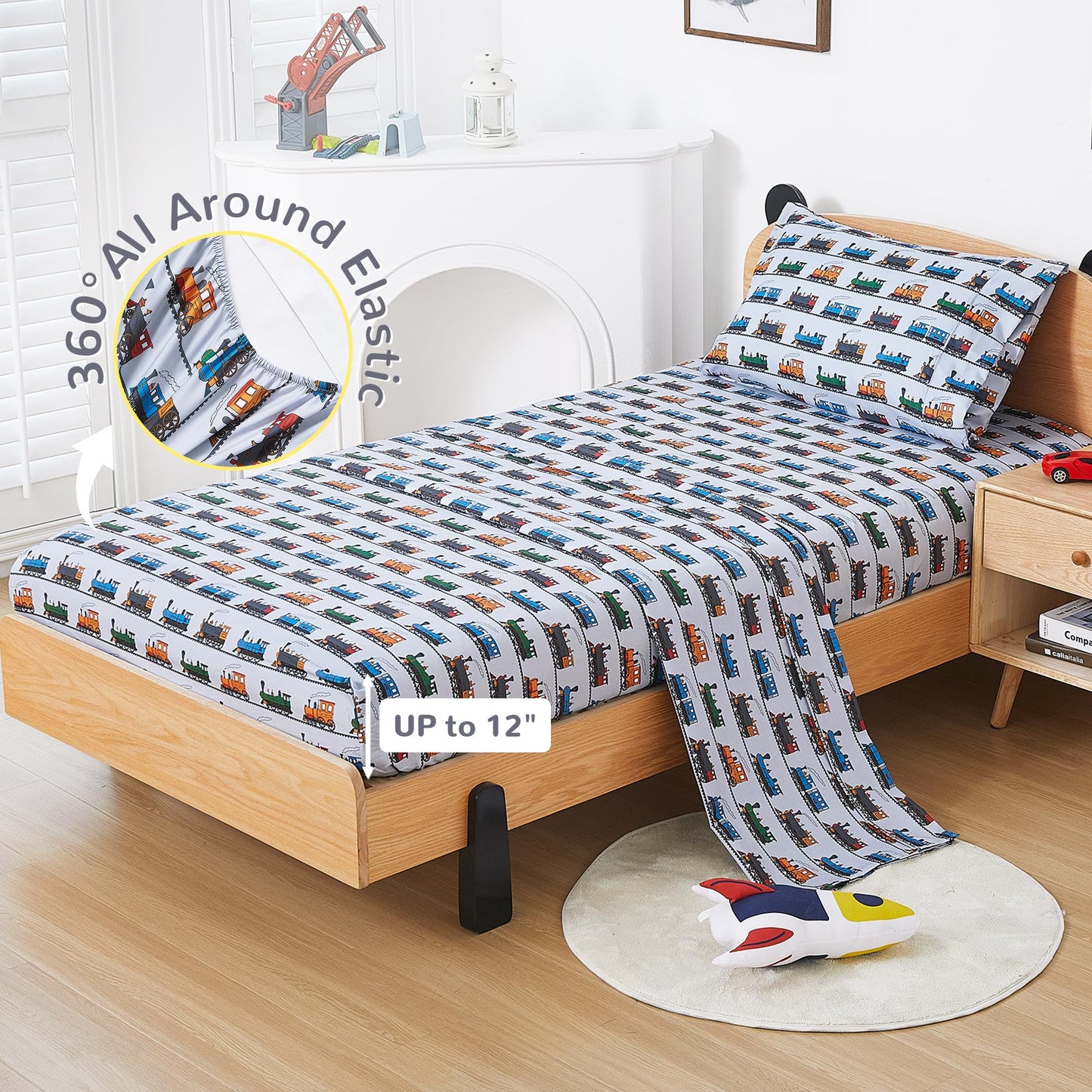 Viviland 3 Pieces Boys Grey Twin Sheet Set - Soft Microfiber Fitted Flat Sheets & Pillowcase - Retro Train Print Bedding Sets - for Kids & Toddlers