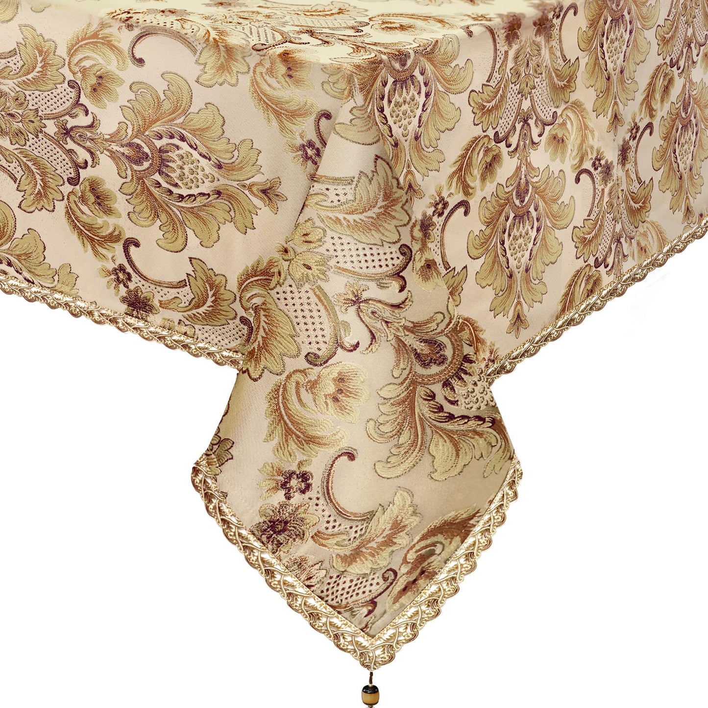 Loom and Mill Luxury Rectangle Tablecloth 60 x 84 Inches, Elegant Damask Golden Floral Table Cover with Handmade Tassels for Dining Table Banquets Decorations(Beige, 60"x84")