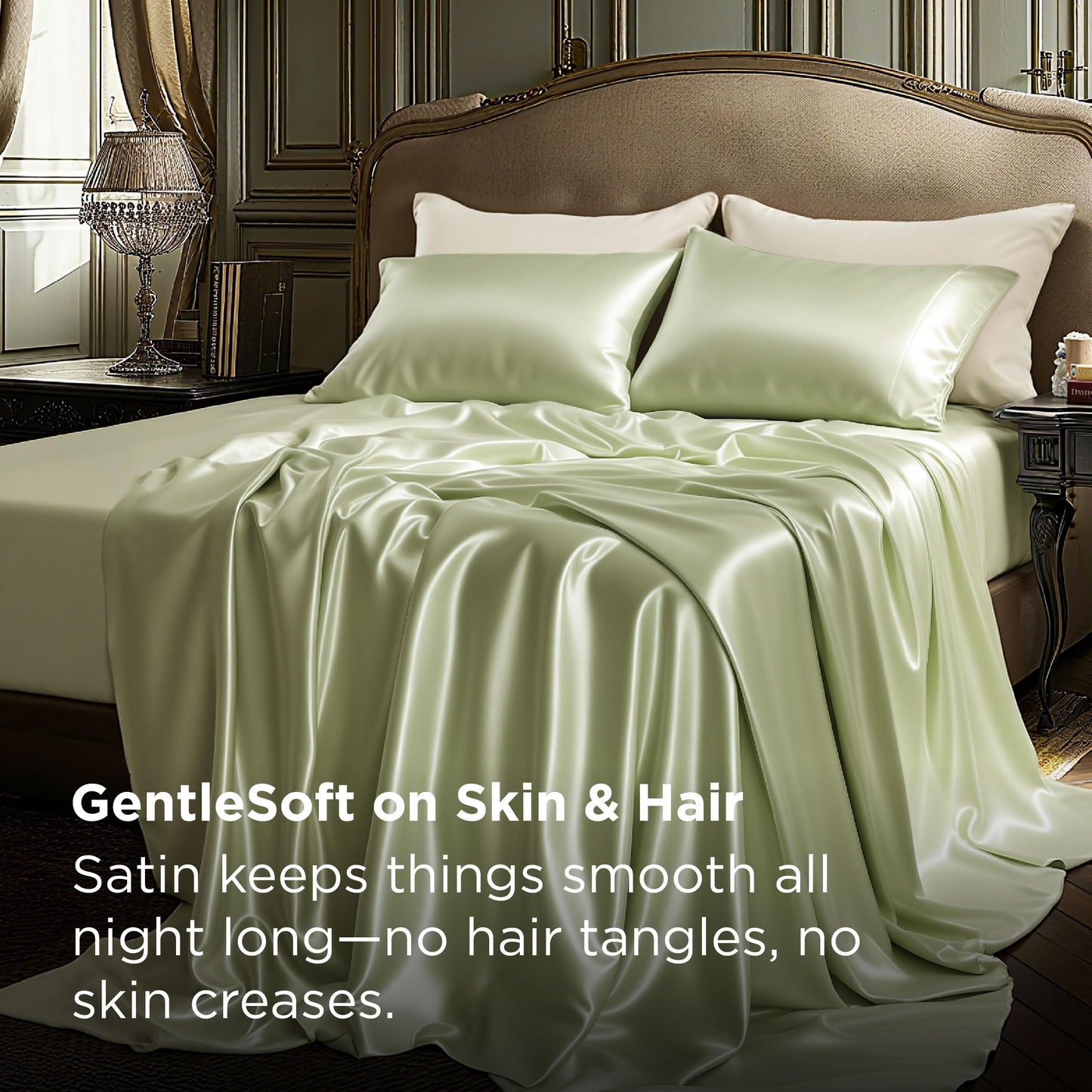 Bedsure Satin Sheets Full Size - 4 Piece Silky Bedsheets with 15 Inches Deep Pocket Fitted Bedsheet,1 Flat Sheet, 2 Satin Pillowcases, Good for Hair & Skin (Full, Light Green)