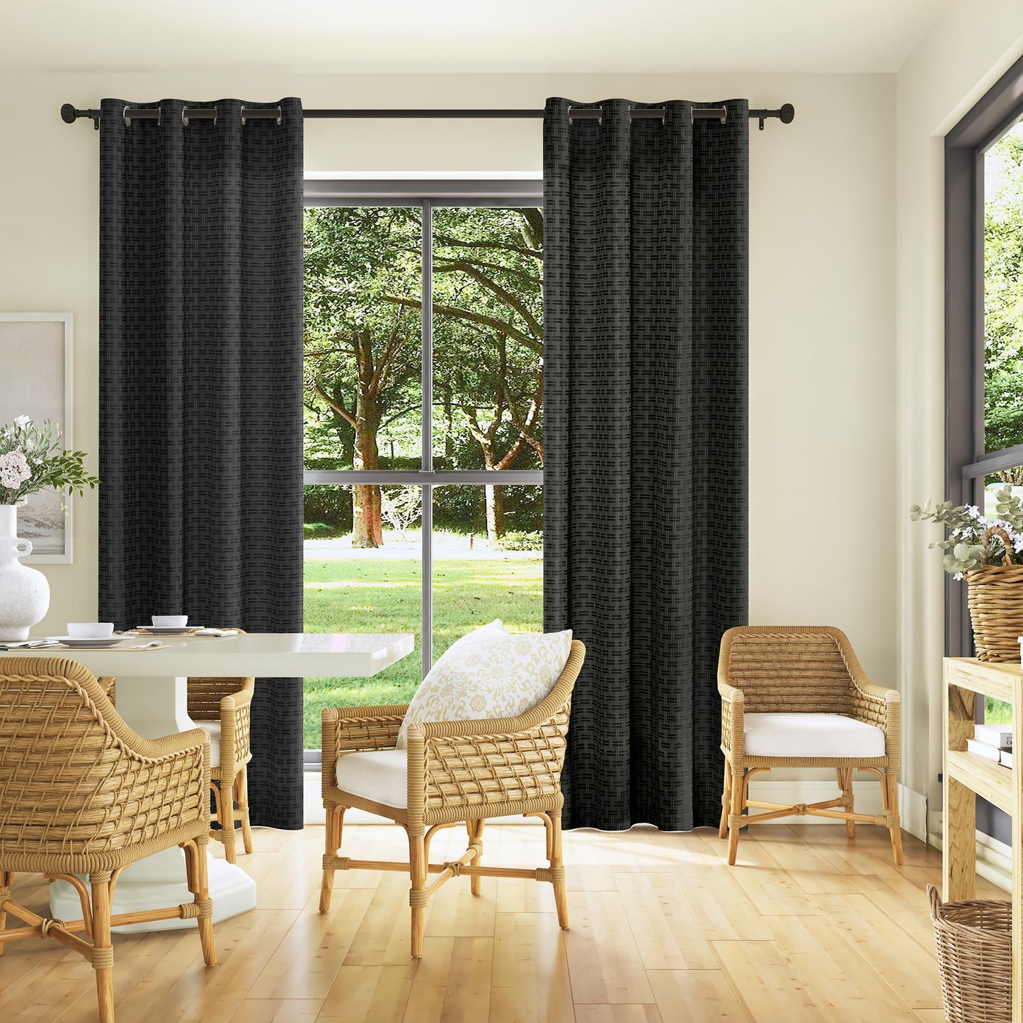 ChrisDowa Semi Sheer Linen Black Curtains 84 Inches Long 2 Panels for Living Room Dining Room Plaid Patterned Light Filtering Voile Grommet Window Treatments Drapes Privacy Assured,52X84