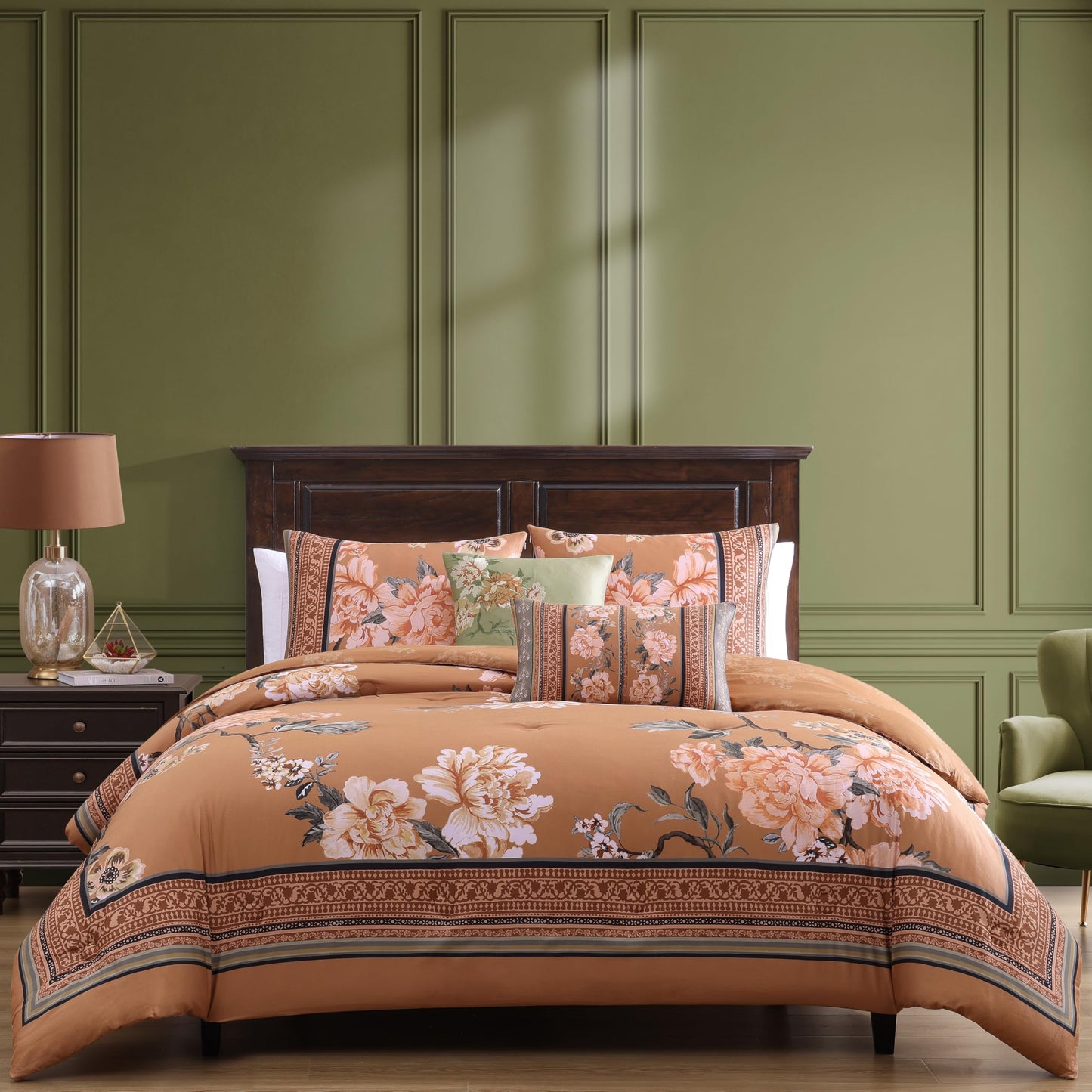 Bebejan Rossana 100% Cotton Sateen 5 Piece Comforter Set, Terracotta, Floral Reversible Bedding Comforter Set, 1 Comforter, 2 Shams & 2 Pillows (King/Cal King)