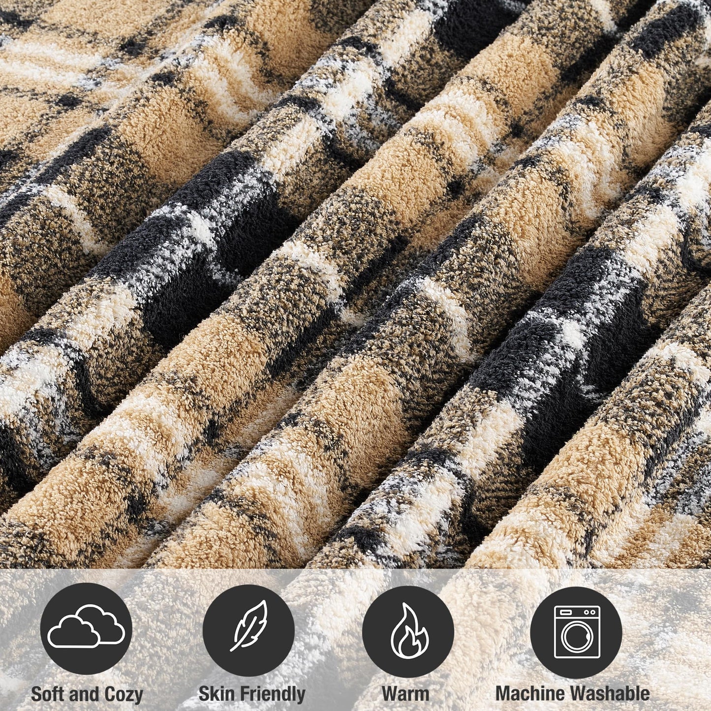 CBCHome Reversible Soft Sherpa Throw Blanket - Cute and Cozy Thick Throw for Couch, Warm Gifts for Women (Tan and Black Plaid, 50" x60")