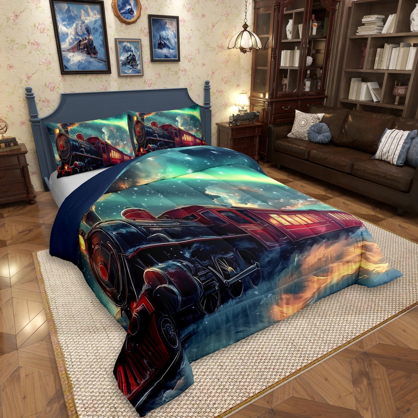 Erosebridal Aurora Train Bedding Set Twin,Steam Train Comforter Set for Boys Girls Kids,Winter Snow Scene Bed Comforter Sets Transportation Trains Quilt Bed Set with 1 Pillowcase Bedroom Decor