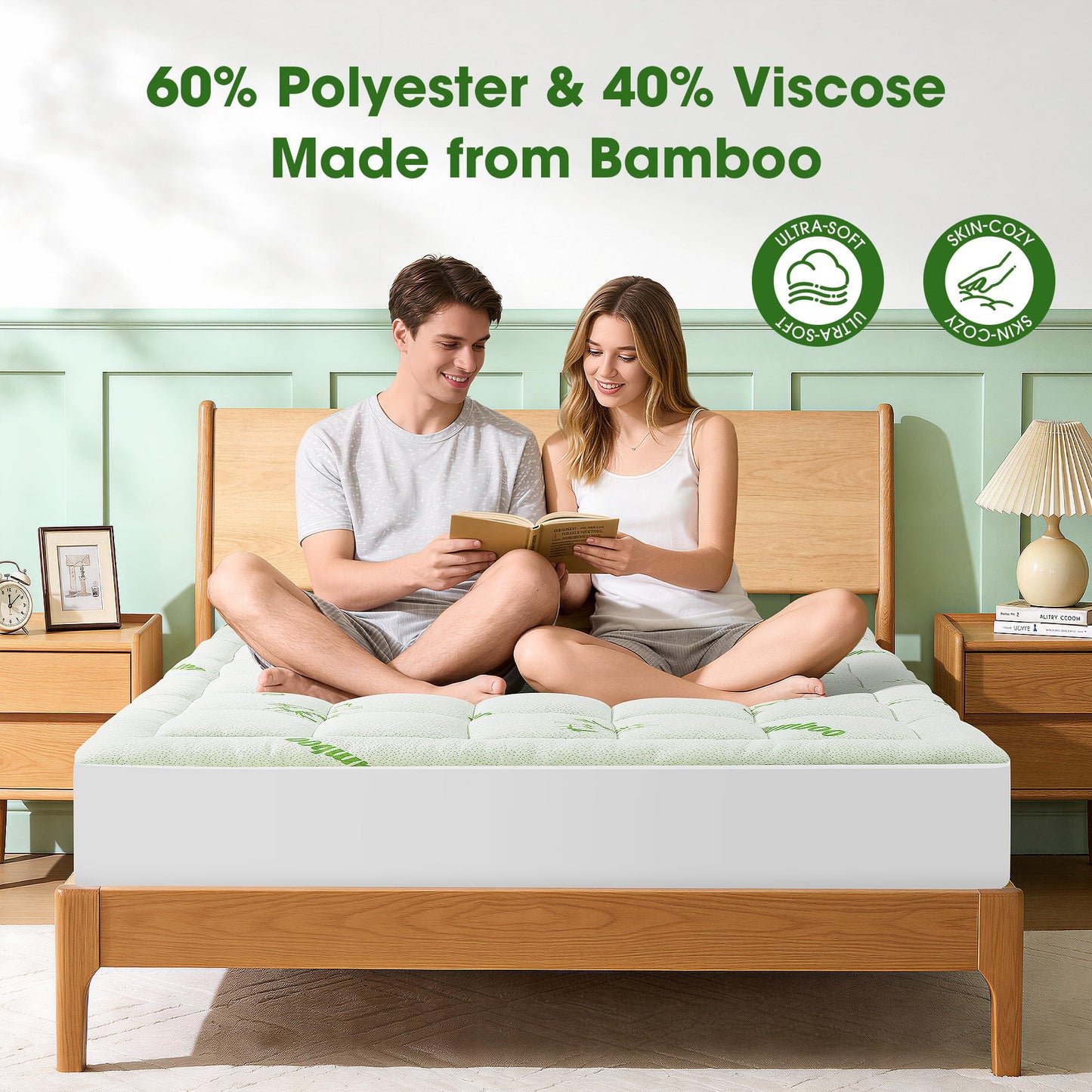 Mattress Pad Queen Size, Cooling Pillow Top Mattress Topper, Ultra Soft Viscose Made from Bamboo, Breathable for Hot Sleepers, Deep Pocket 8"-20", Green