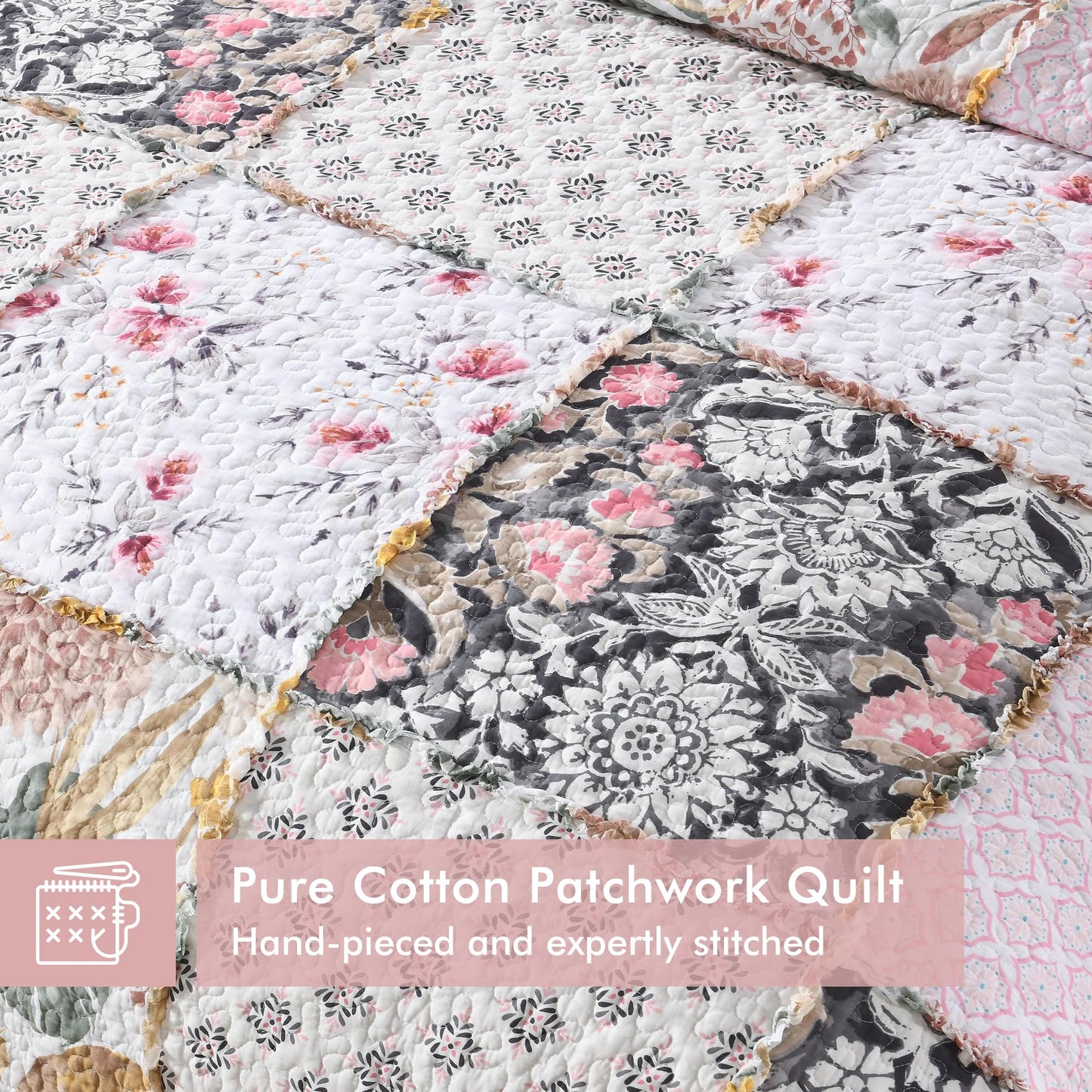 Etwel 100% Cotton Patchwork Queen Size Quilt Set - Lightweight Breathable Reversible Bedspread for Hot Sleepers, Farmhouse Bedding Set with 2 Pillow Shams for All Season (90"x90", Pink Floral Plaid)