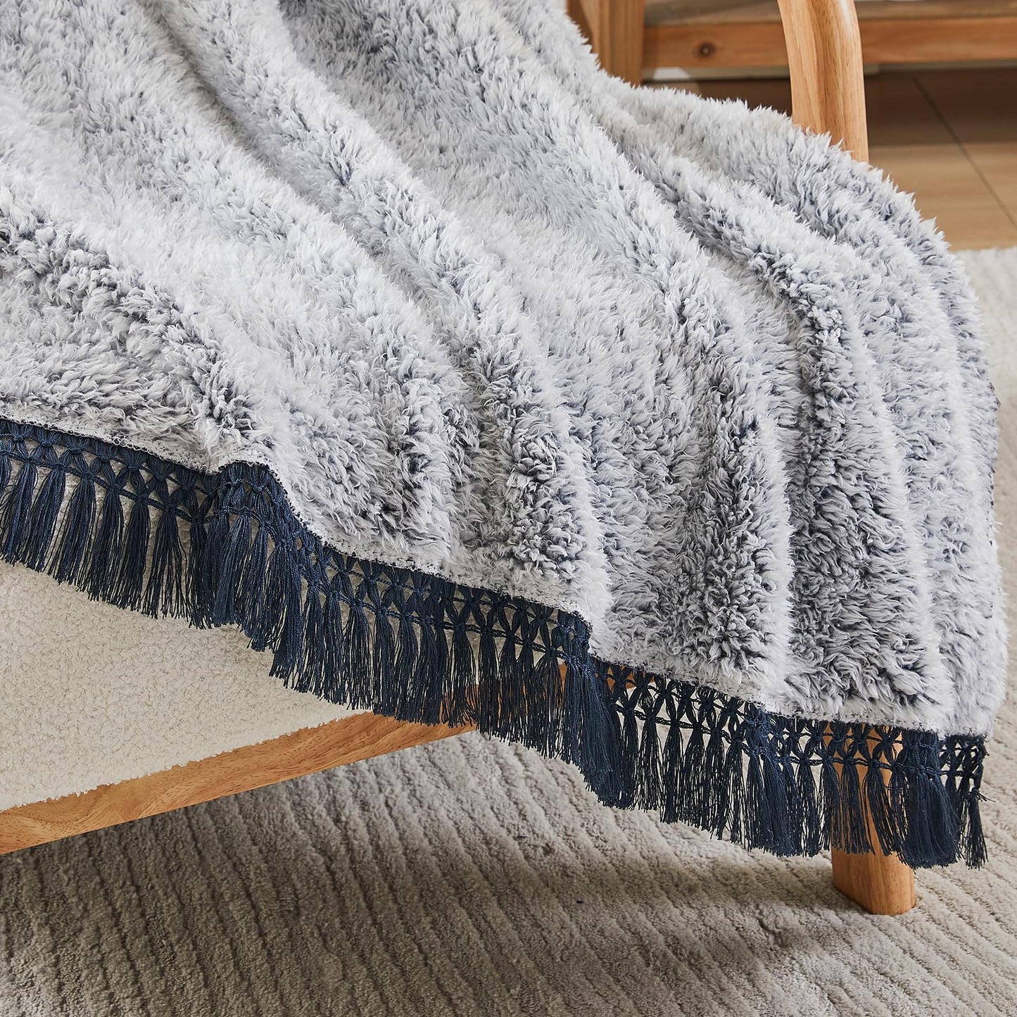 EMME Soft Sherpa Fleece Blanket with Tassel, Reversible Plush Fluffy Large Blanket, Light Weight Warm Decorative Boho Blanket Cover for Sofa, Couch, Bedroom,Travel(Tassel Navy,50"x60")