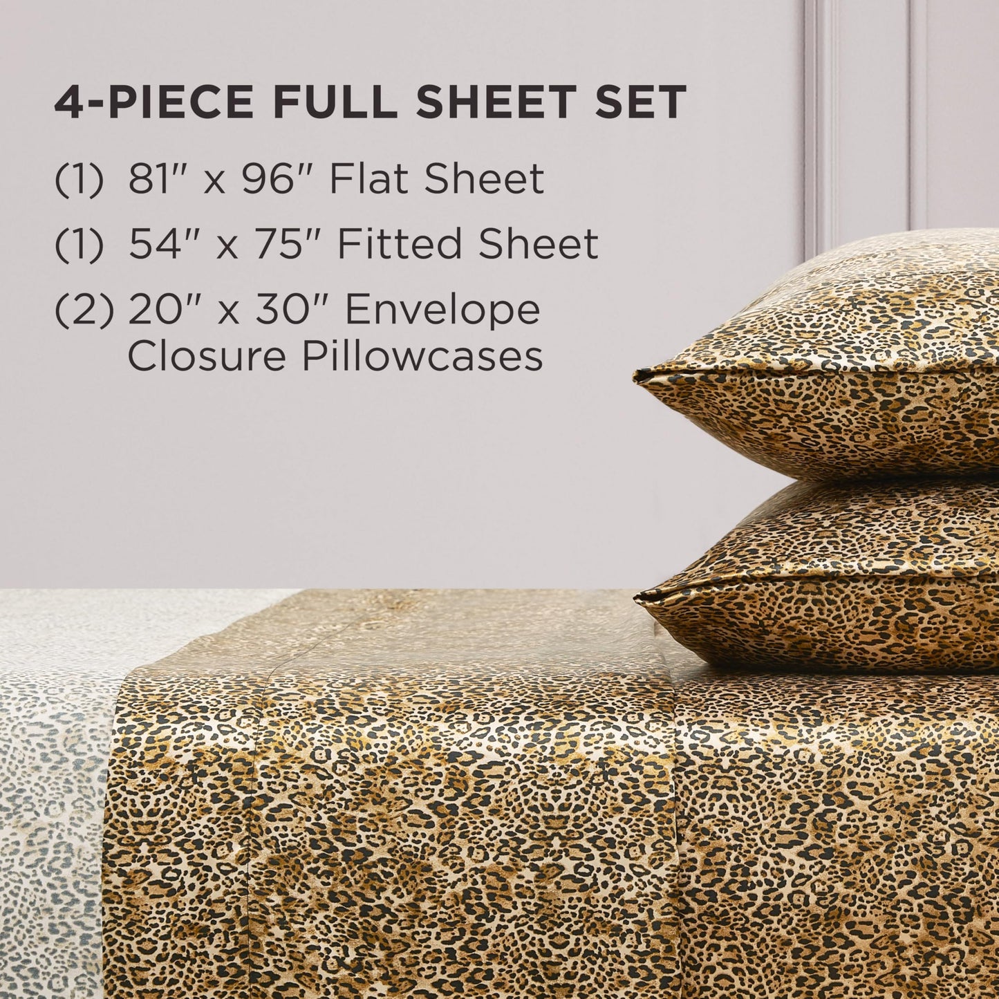 Juicy Couture Full Size Satin Bed Sheet Set, Deep Pocket Silky Full Sheet Set with 1 Fitted Sheet, 1 Flat Sheet, 2 Pillowcases, Wrinkle Resistant and Anti Pilling Bed Sheets - Monica Leopard