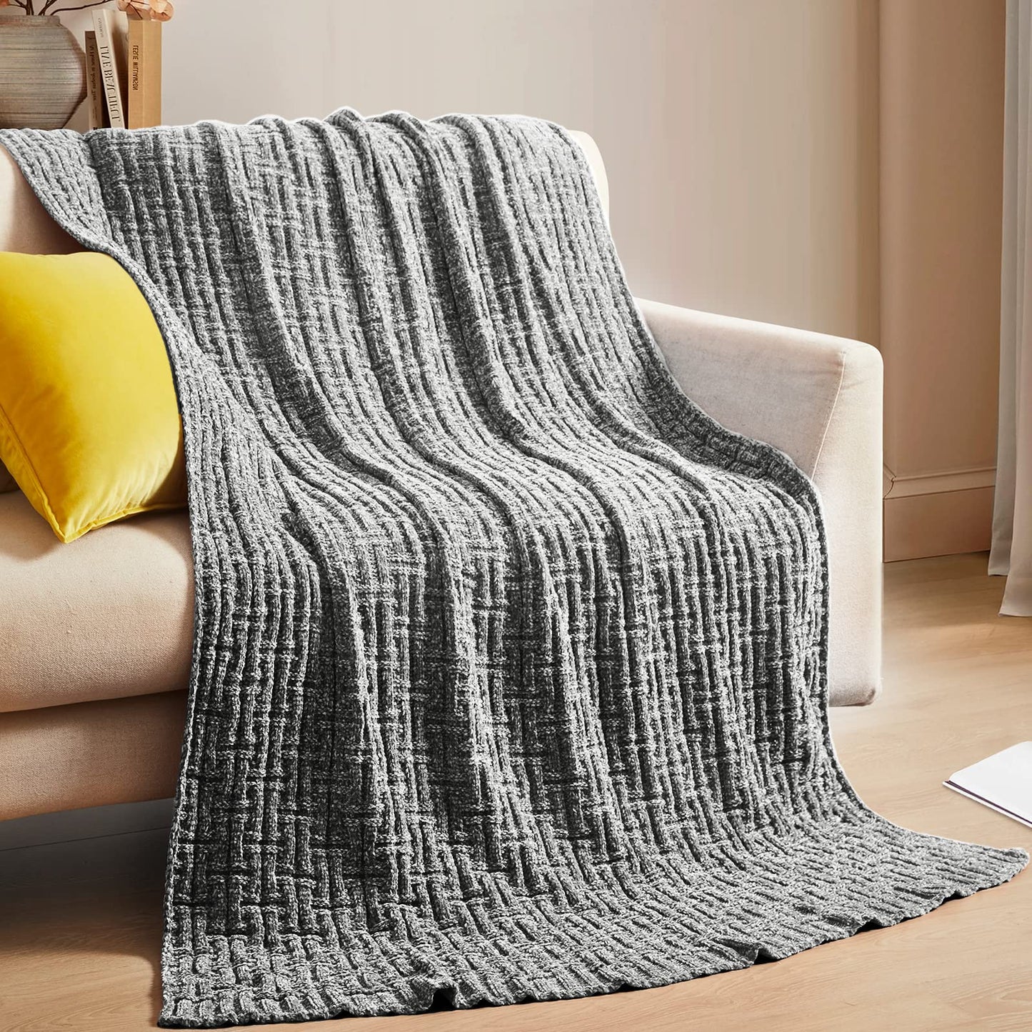 RUDONG M Dark Grey Chenille Knit Throw Blanket, Cozy Soft Cable Knitted Blankets, Warm Chenille Knitted Blanket for All Seasons, Textured Fluffy Throw Blanket for Couch, Bed, Sofa, 50"x 60"