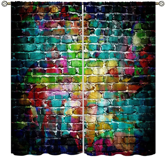 ICMOLYYENLO Vintage Red Brown Brick Wall Curtains, Vintage Stone Brick Rock Country Farmhouse Geometric Pattern Curtains for Living Room Bedroom Blackout Curtains 42x44 Inches
