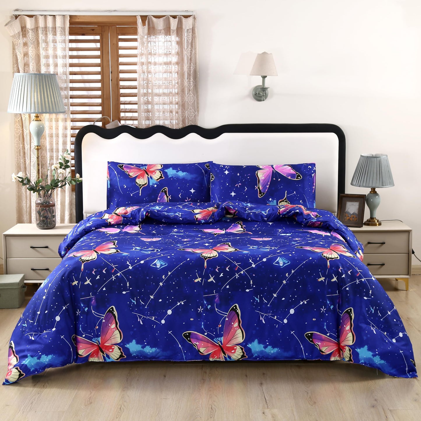 MAG 3Pcs Butterfly Twin Comforter Set,Microfiber Butterfly Twin Bedding Sets,Blue Cute Cartoon Style Pattern,All Season with 1 Comforter + 2 Pillowcases for Kids Boys and Girls,Breathable and Wrinkle.