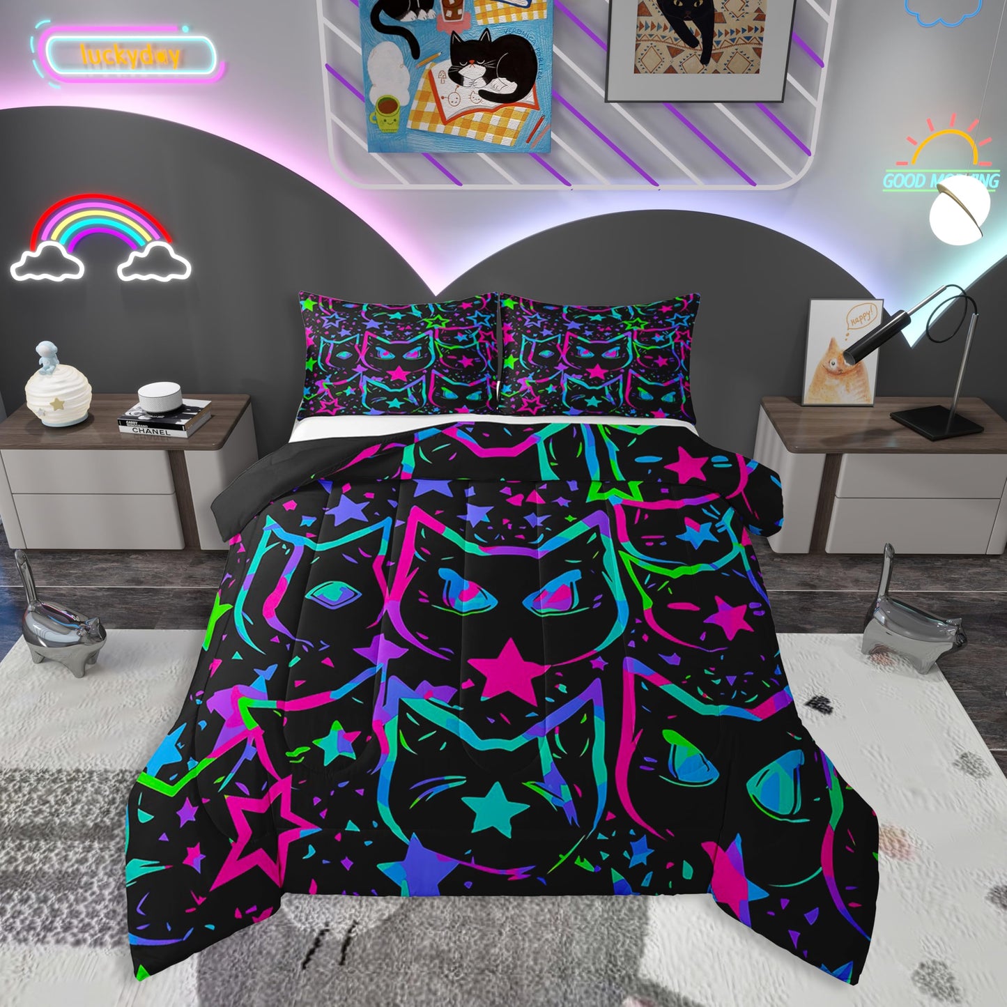 Erosebridal Cartoon Cat Bedding, Black Cat Comforter Set for Kids Girls Boys Teens, Ombre Glowing Neon Stars Down Comforter, Kawaii Kitten Duvet Insert, Gradient Galaxy Quilt, Queen