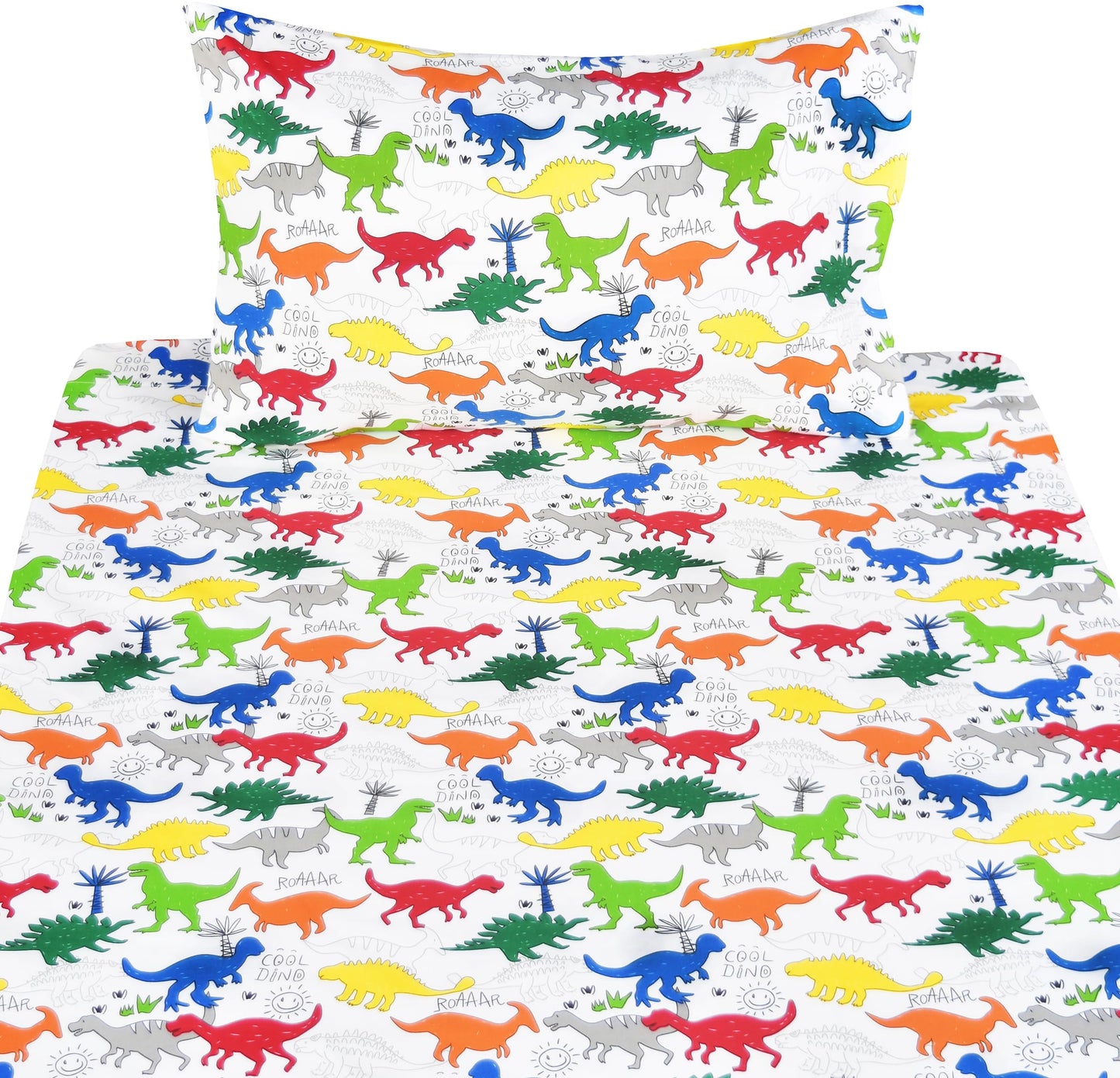 Scientific Sleep Colorful Dinosaur Cute Fun 100% Cotton Cozy Twin Bed Sheet Set, Flat Sheet & Fitted Sheet & Pillowcase Kids Boys Girls Natural Bedding Set (Dino, Twin)
