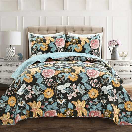 Lush Decor Sydney Reversible Cotton Quilt Set, 3 Piece Set, Full/ Queen, Black & Blue - Cotton Bedding Set - Black Floral Quilt - Cottage Decor - Bedding Queen Size
