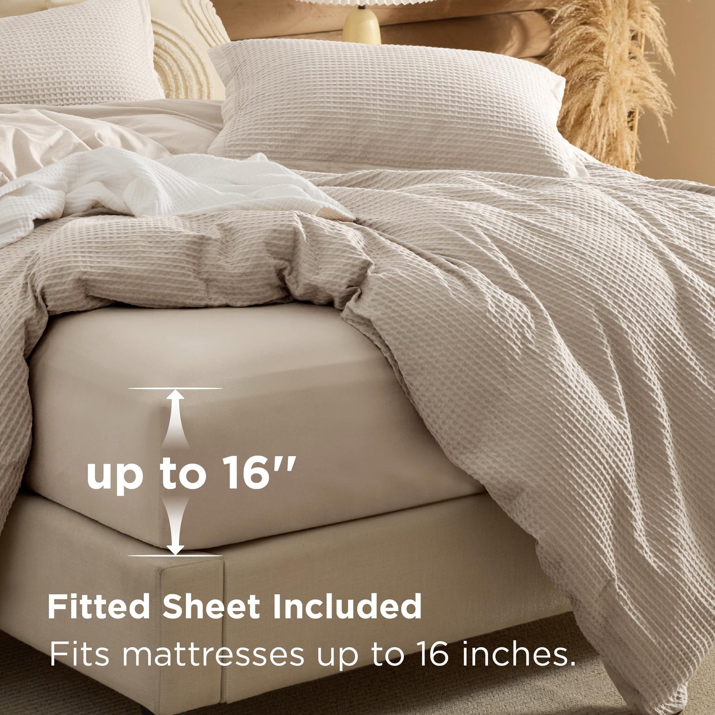Bedsure 100% Cotton Duvet Cover Queen Size with Fitted Sheet - 4 Pieces Linen Waffle Weave Duvet Covers, PureWowen Breathable Bedding Set, 1 Duvet Cover 90x90, 1 Fitted Sheet, 2 Pillow Shams