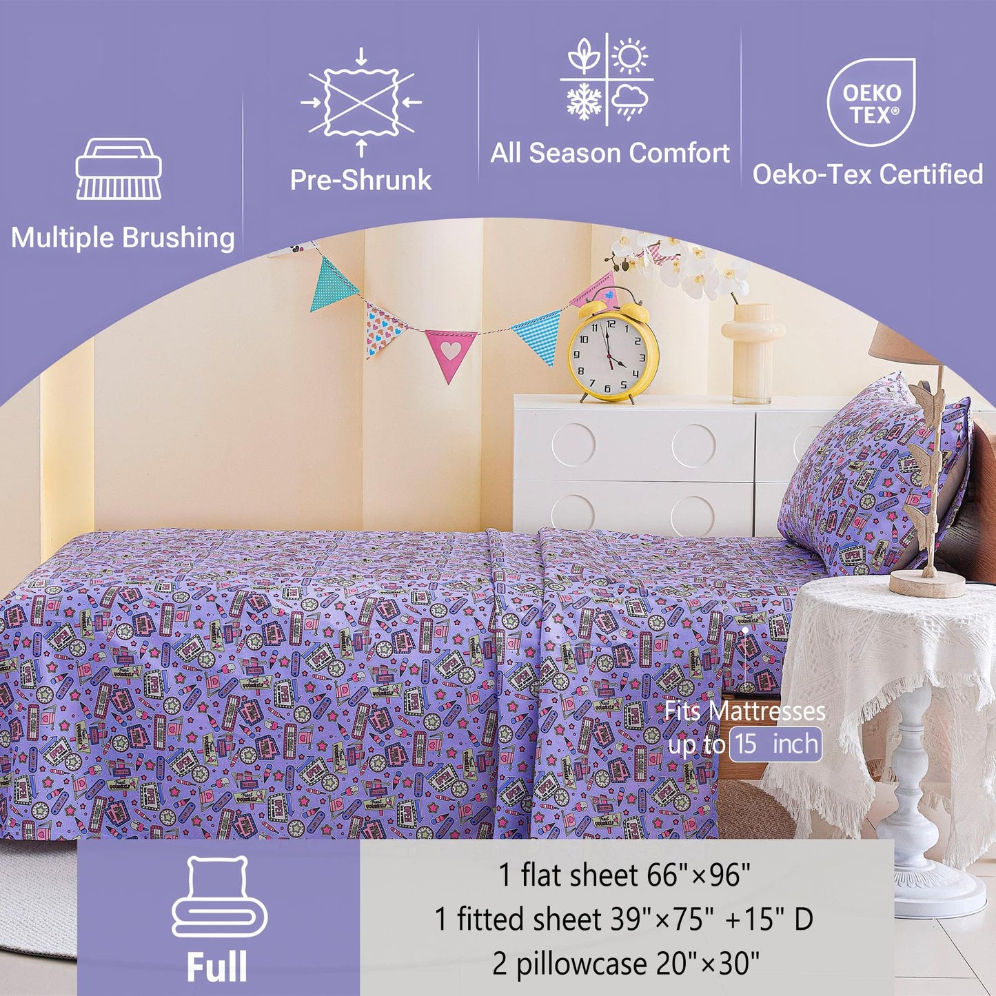 Softan Kids Bed Sheet Set, 4-Piece Full Size Sheets, Microfiber Fitted Sheet with 15 Inches Deep Pocket and Corner Straps, Breathable & Silky Soft Cool Girl Printed Sheet and Pillowcase Sets