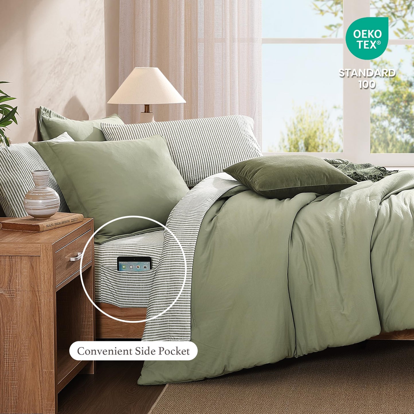 Monbix Queen Comforter Set - 7 Pieces Green Prewashed Bed in a Bag Queen Bedding Sets with Comforters, All Seasons Ultra Soft Comforter Bed Set with Sheets,Pillowcases & Shams