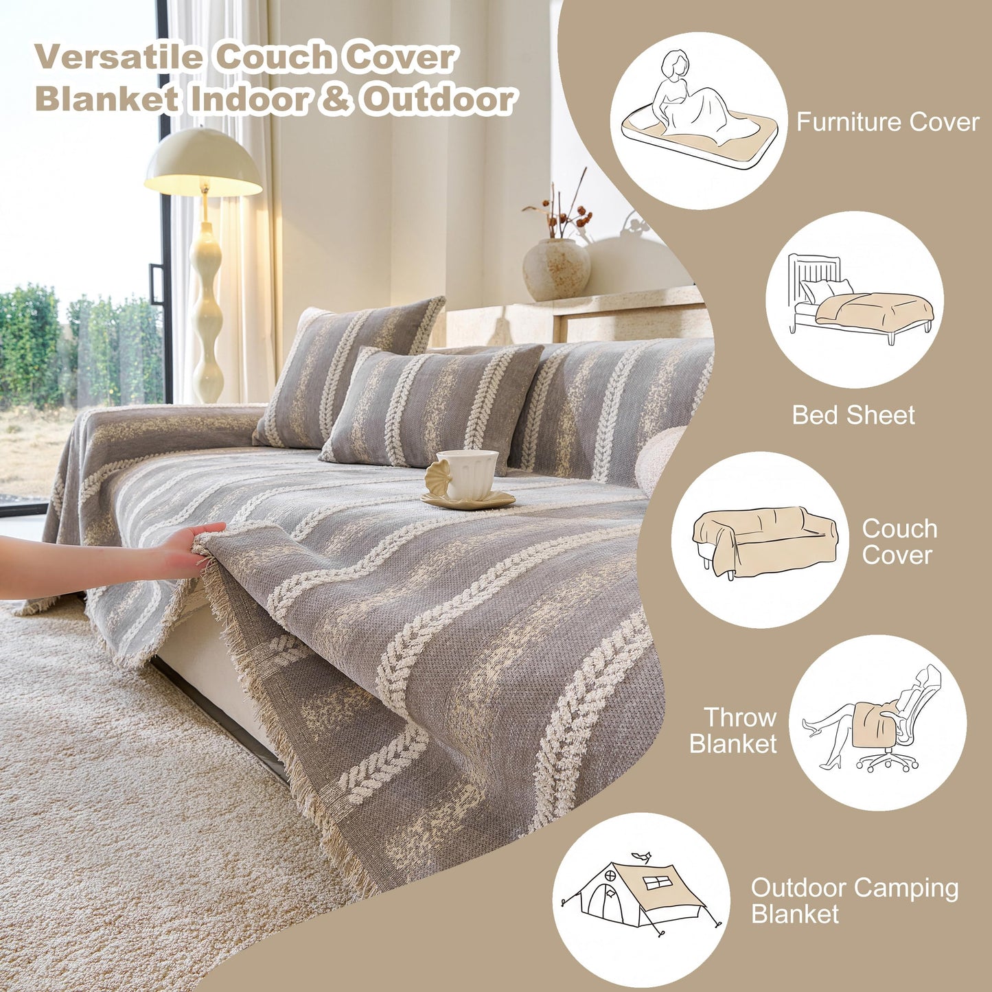 Fuyulacom Couch Cover for Dogs Washable Sofa Cover, Sectional Couch Covers, Sofa Covers for 2 Cushion Couch, Non Slip Stripe Sofa Slipcovers Furniture Protector (Light Grey, 71 * 118)