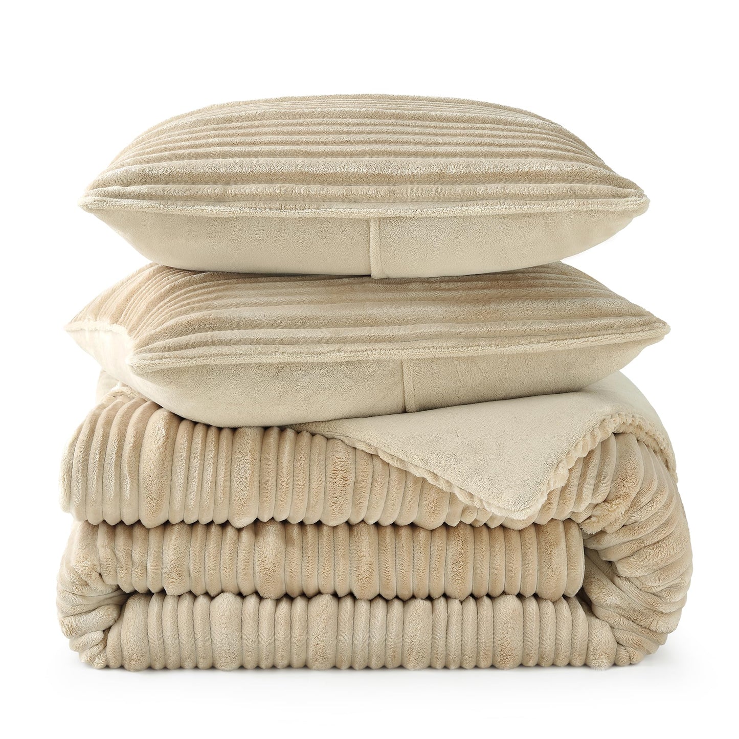 Amélie Home High-End Fleece Queen Comforter Set,Cozy Warm Striped Plush Bedding Set, 3 Pieces, 1 Cozy Comforter with 2 Pillowcases, Beige, 90"x90"