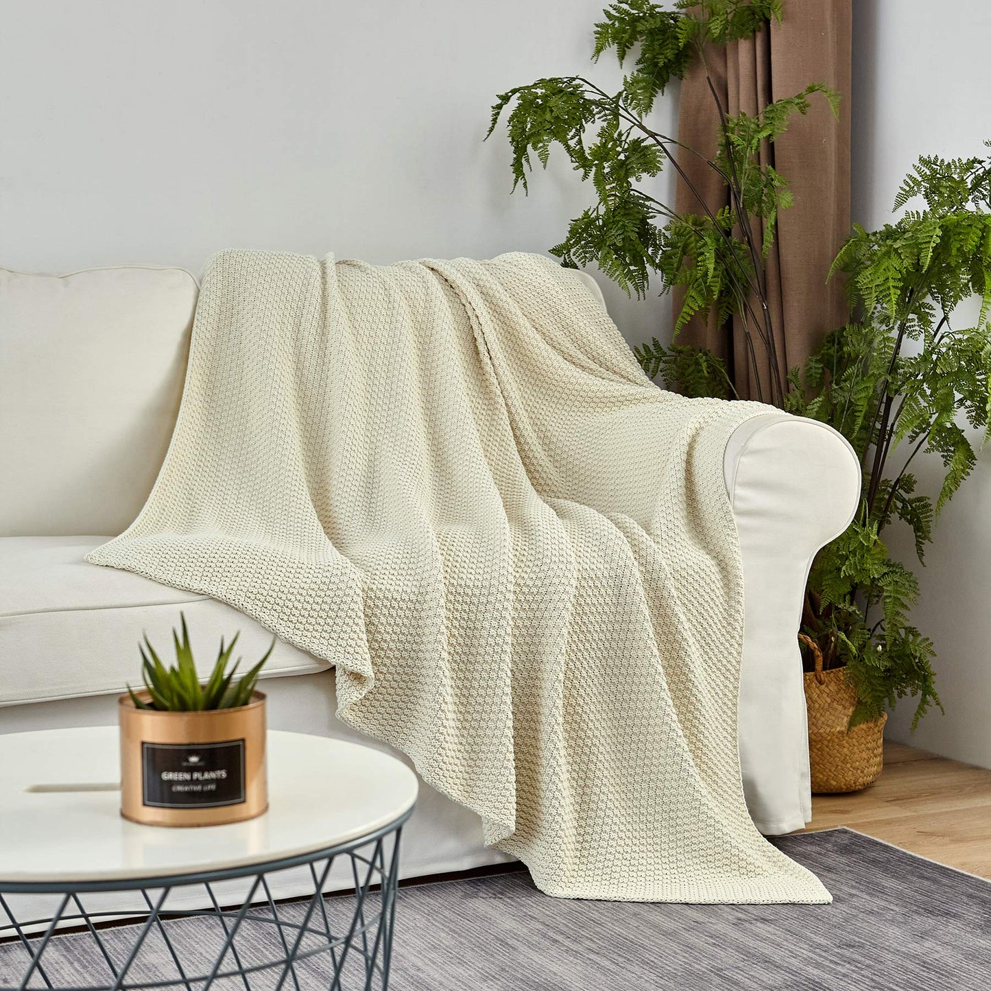 Longhui bedding 100% Cotton Knitted Throw Blanket – Cream, Soft & Cozy, Machine Washable, 60"x80" – Perfect for Living Room, Couch, Sofa, Bed or Travel