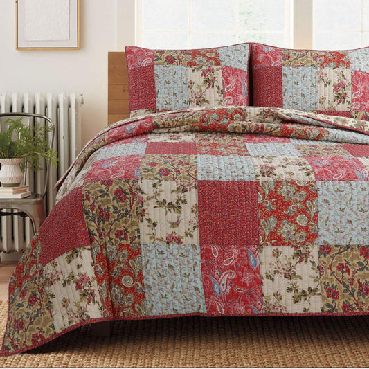 Cozy Line Home Fashions 100% Cotton Hand Piecing Real Patchwork Red Teal Khaki Floral Country Reversible Coverlet Bedspread Quilt Bedding Set for All Seasons (Red Aqua, King - 3 piece)